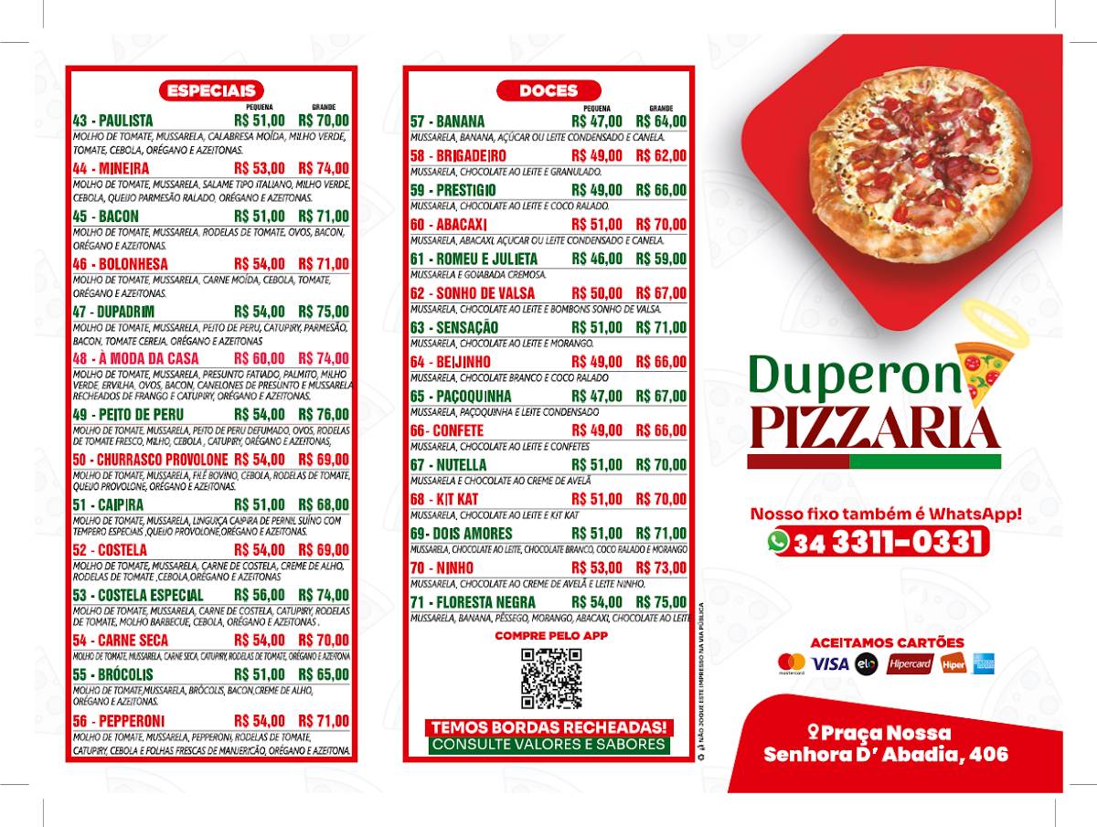 DUPERON PIZZARIA Unidade Abadia cardápio