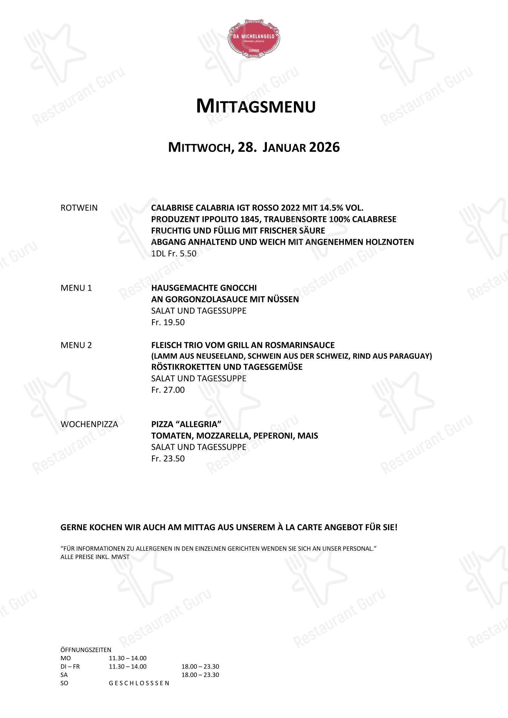 Menu per Da Michelangelo in Zurigo