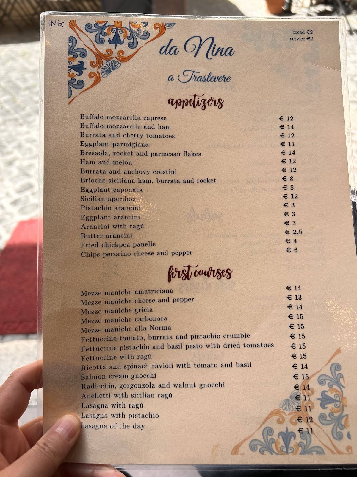 Menu di Da Nina  a   Trastevere 