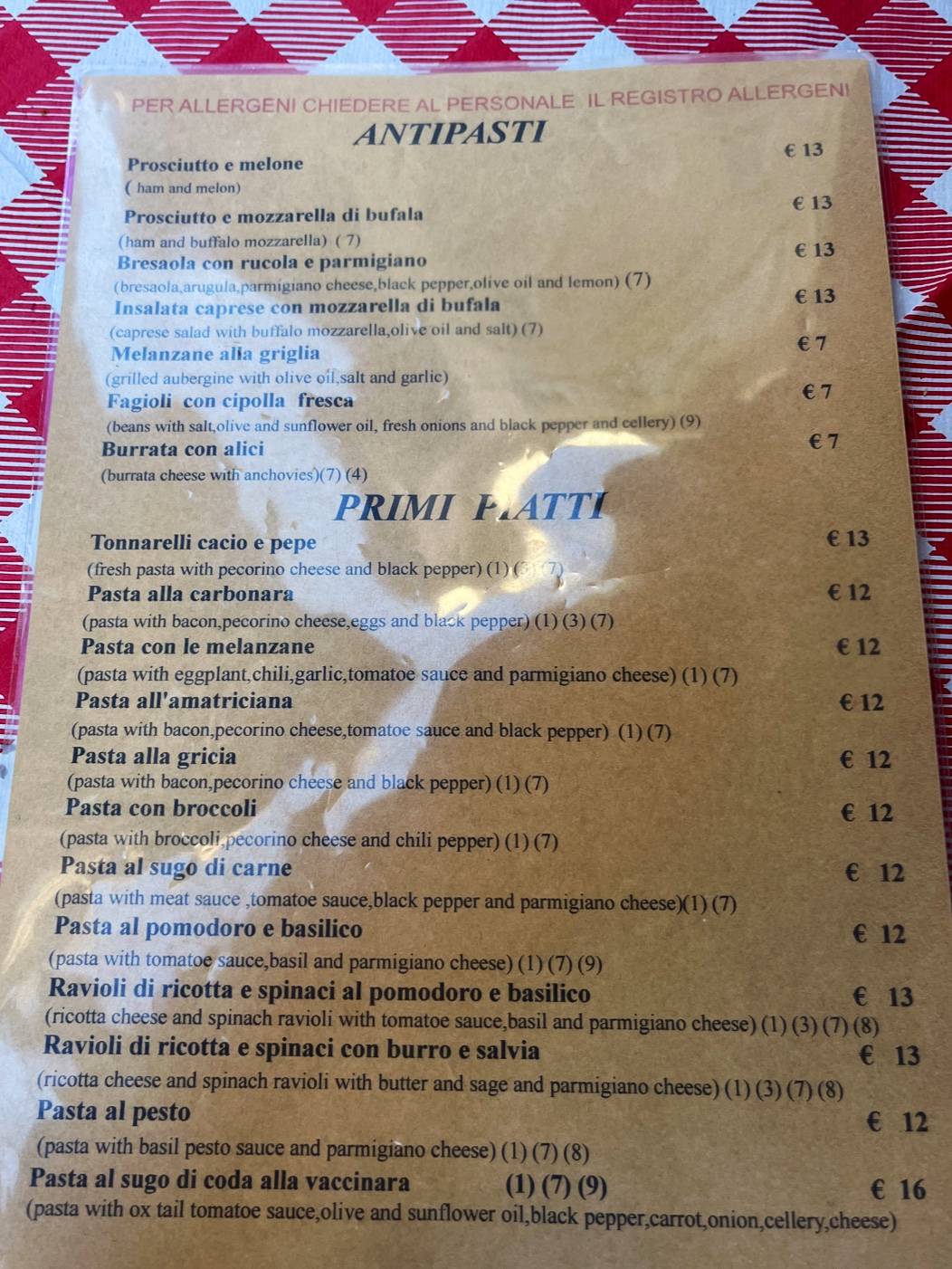 Menu de Da Tonino - Trattoria Bassetti