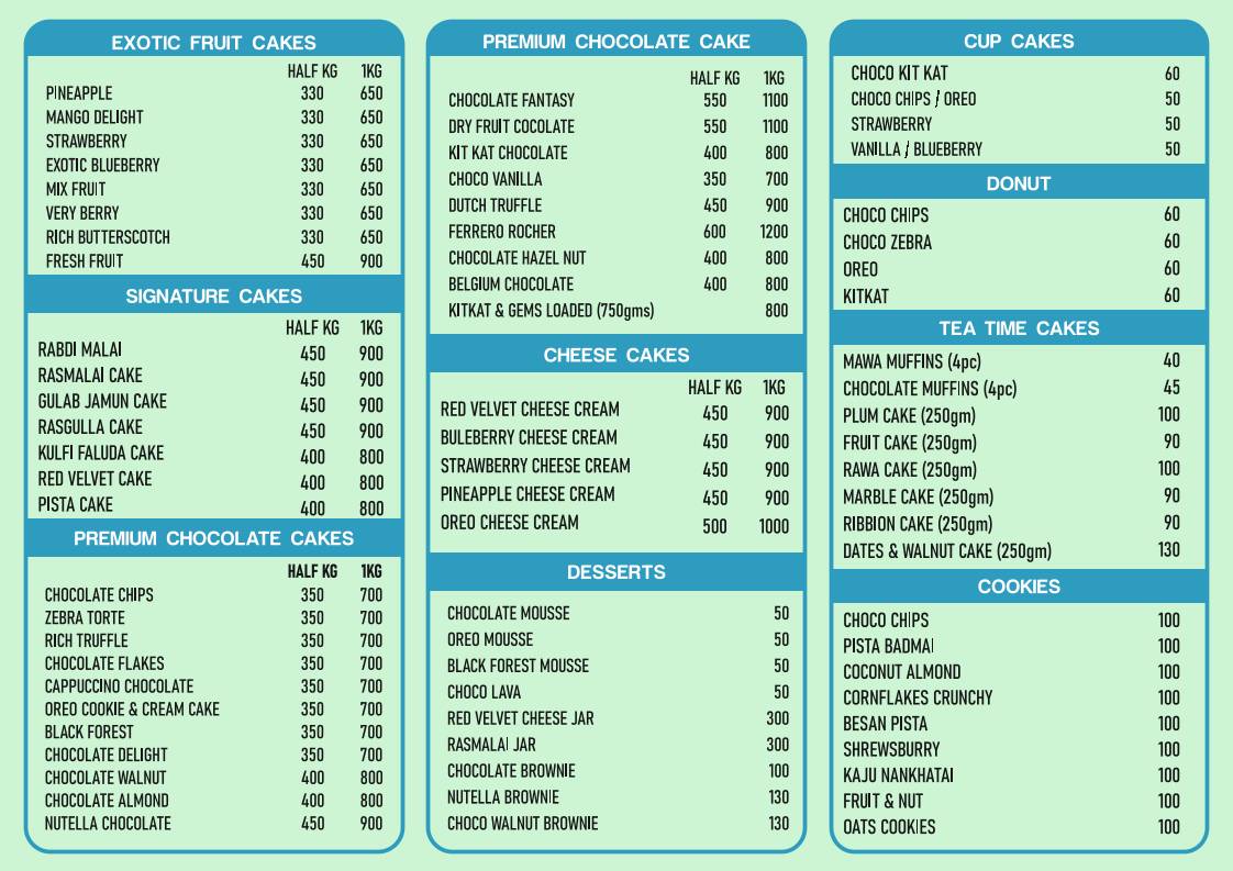 Daily fresh bakers and cakes menu