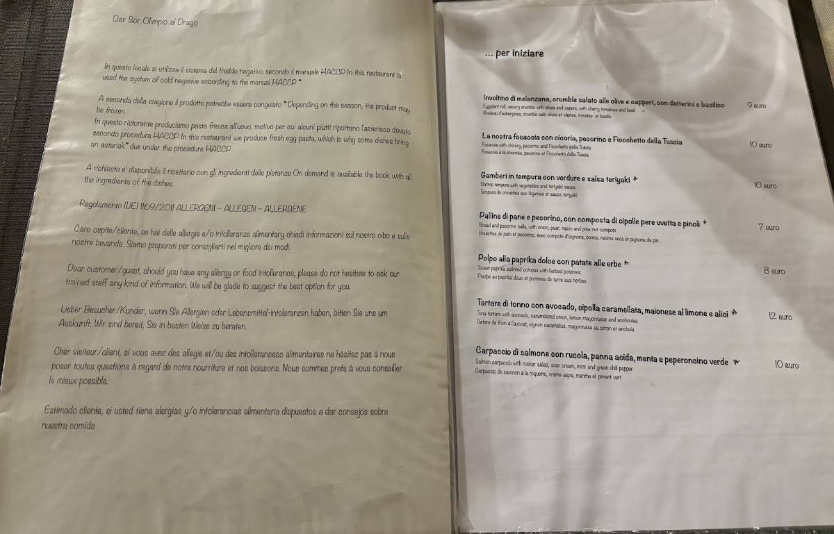 Menu di Dar Sor Olimpio al Drago 