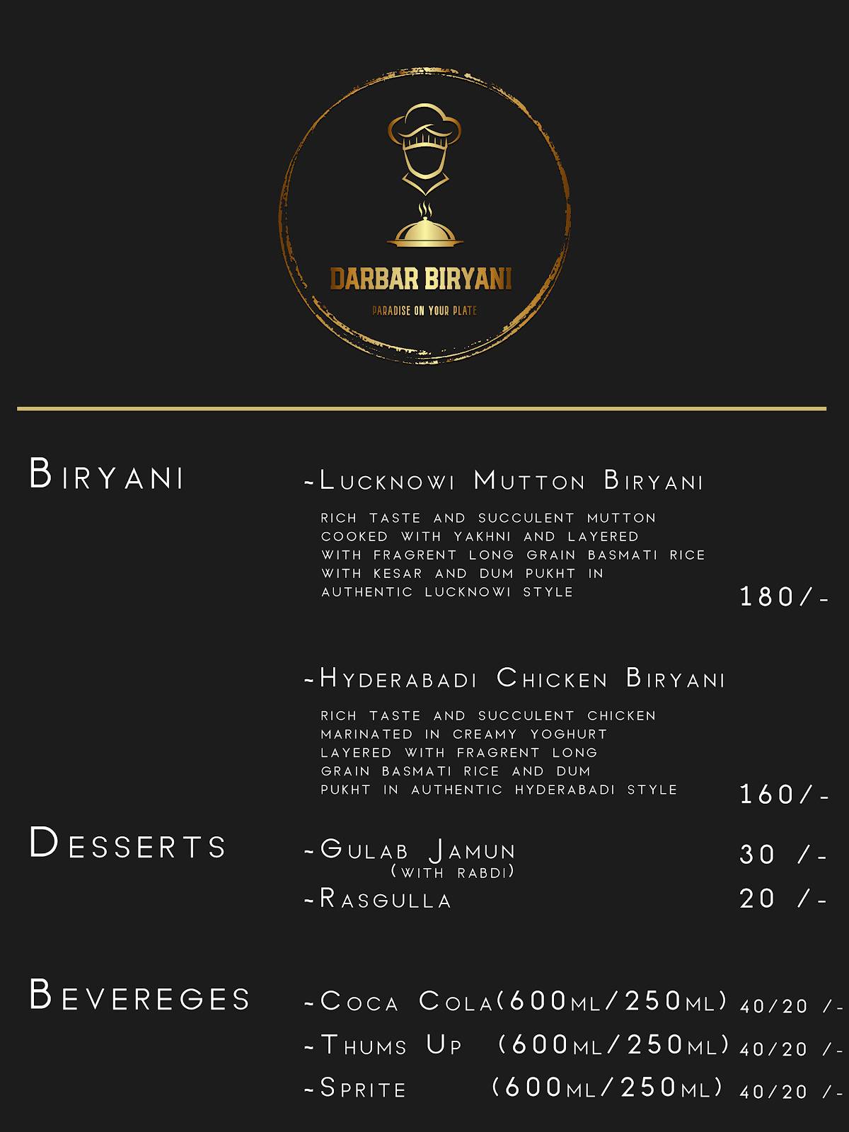 Darbar Biryani menu