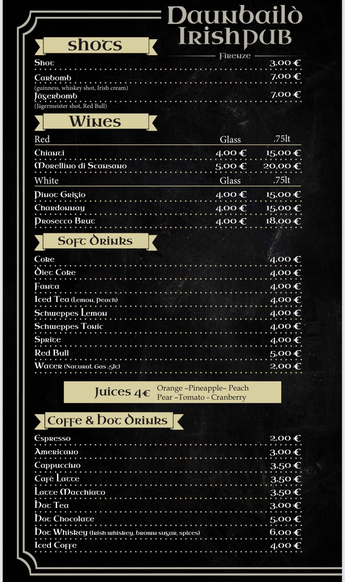 Menu di Daunbailo' Irish Pub 