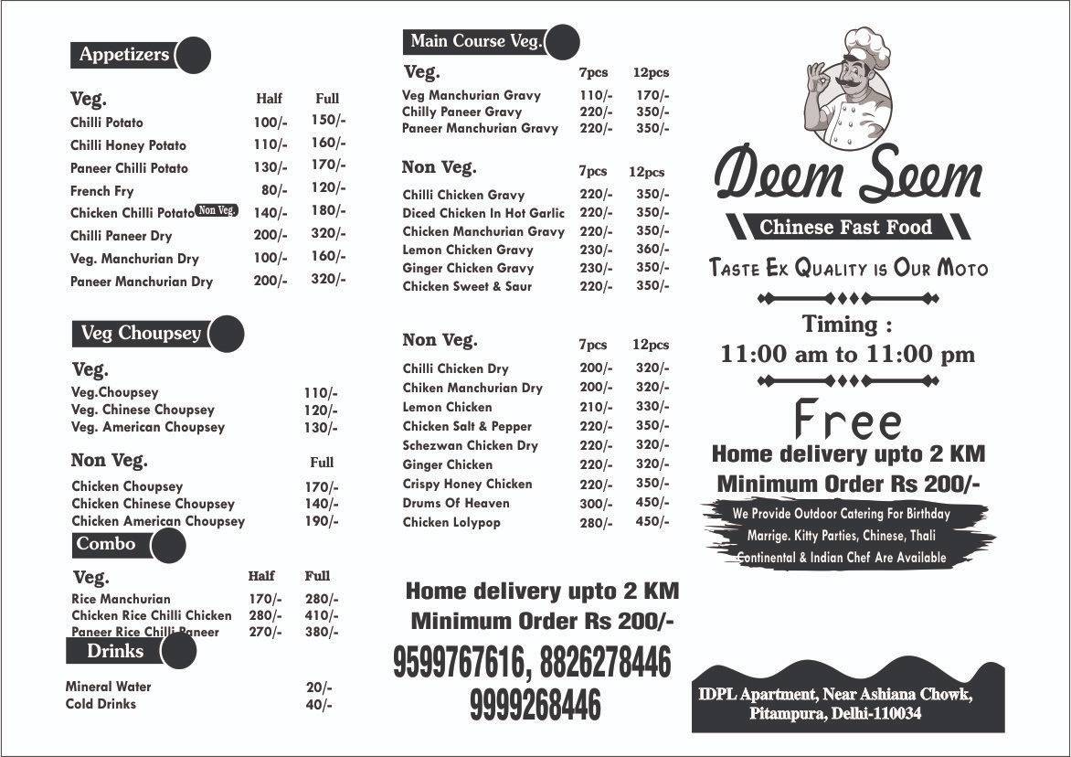 Deem seem Chinese Food menu