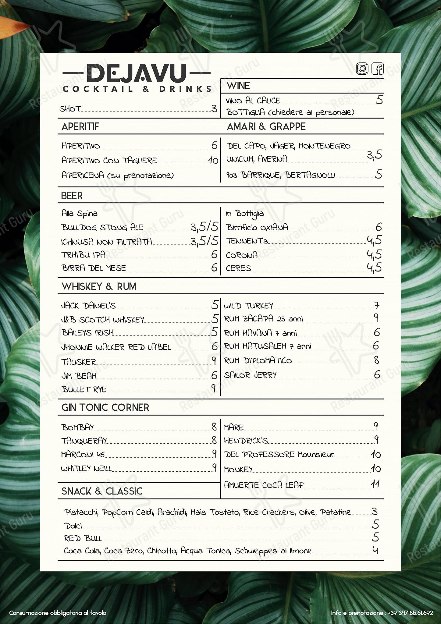 菜单 per Dejavù in Marino