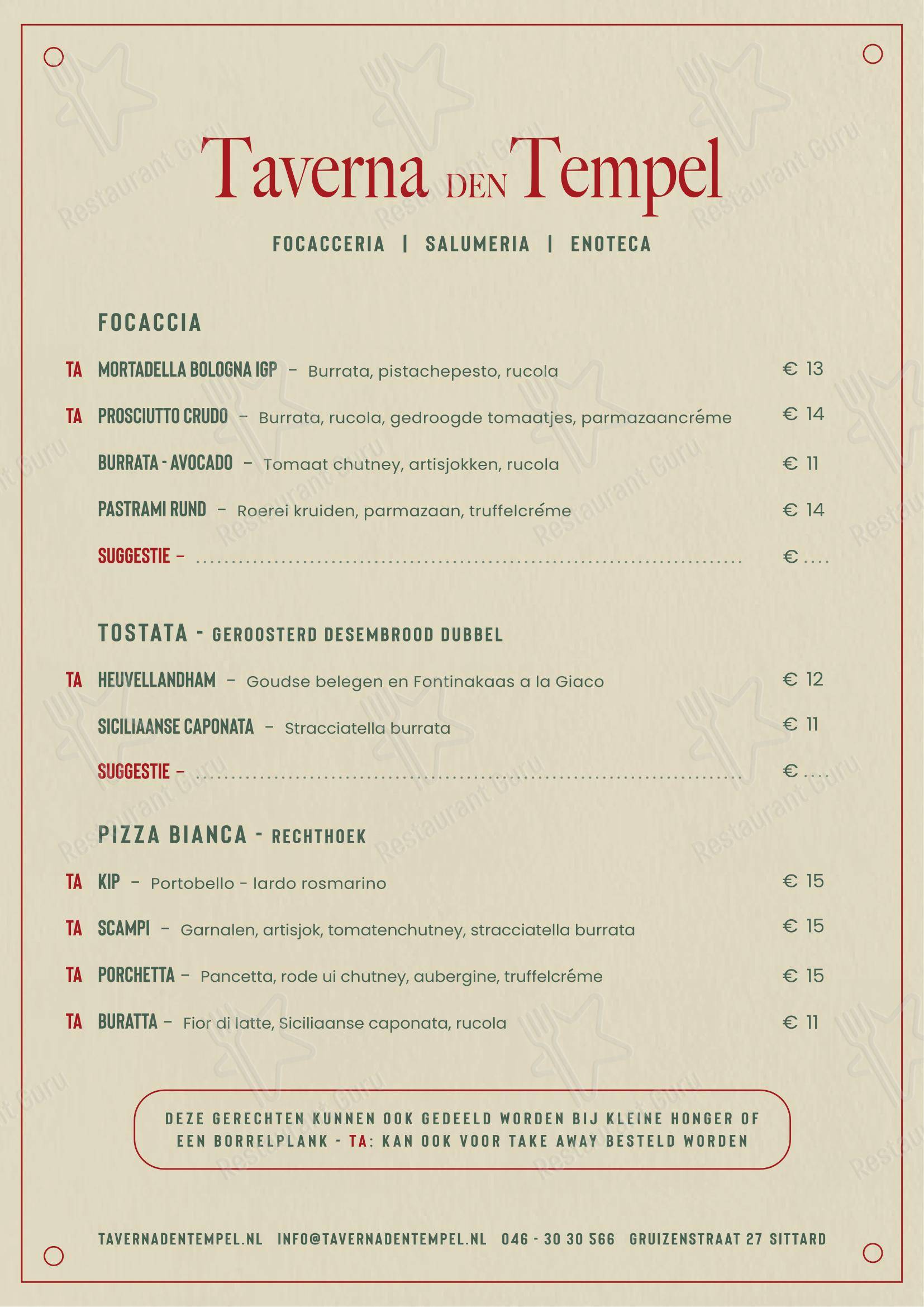 Menu pour Den Tempel - Menu