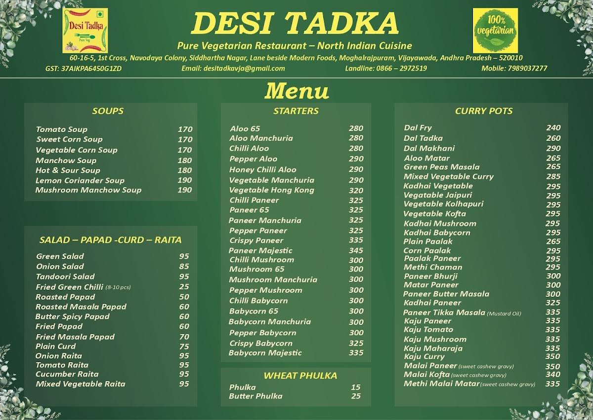 Desi Tadka - Pure Vegetarian North Indian Restaurant menu