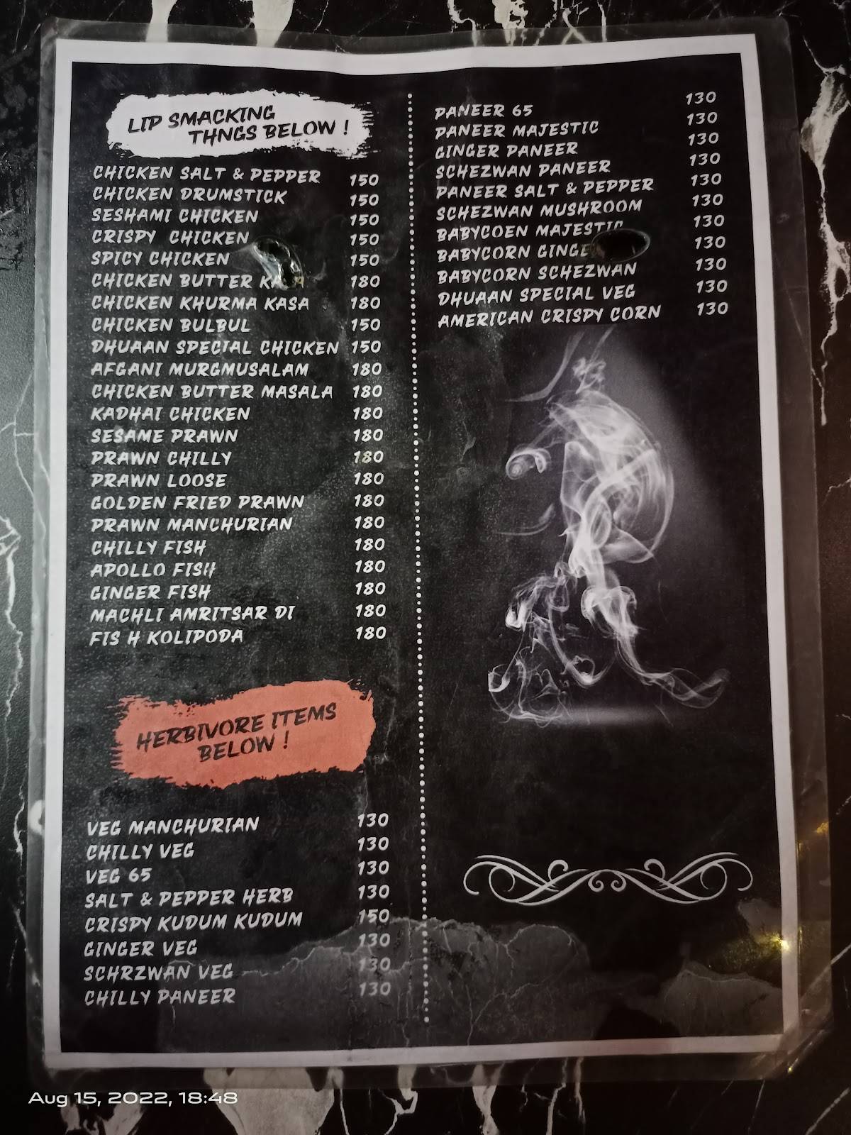 Dhuaan Cafe and Restaurant menu