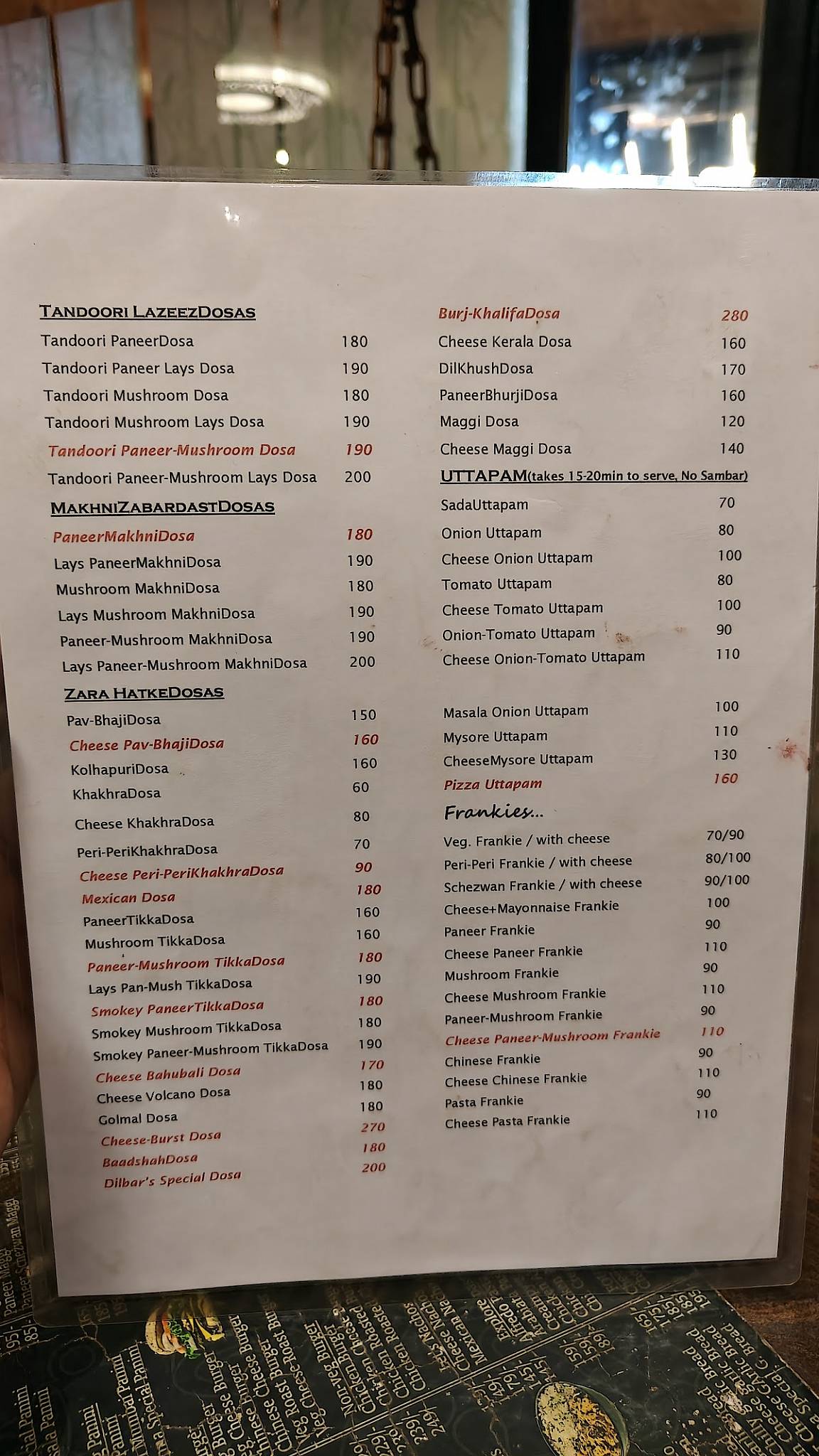 Dilbar's Dosa & Chinese Hub menu