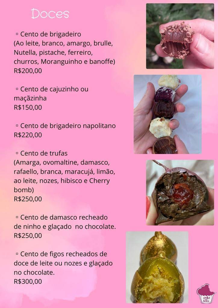Doces e Bolos Ateliê Céu na Boca Itaúna cardápio