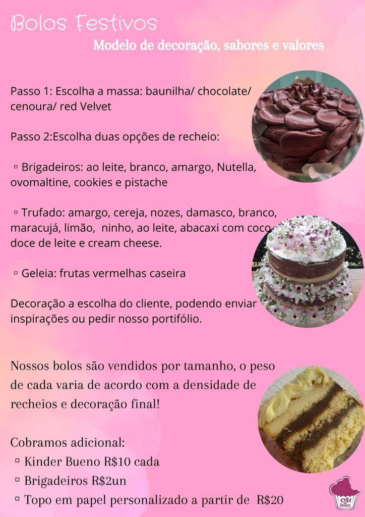 Doces e Bolos Ateliê Céu na Boca Itaúna cardápio