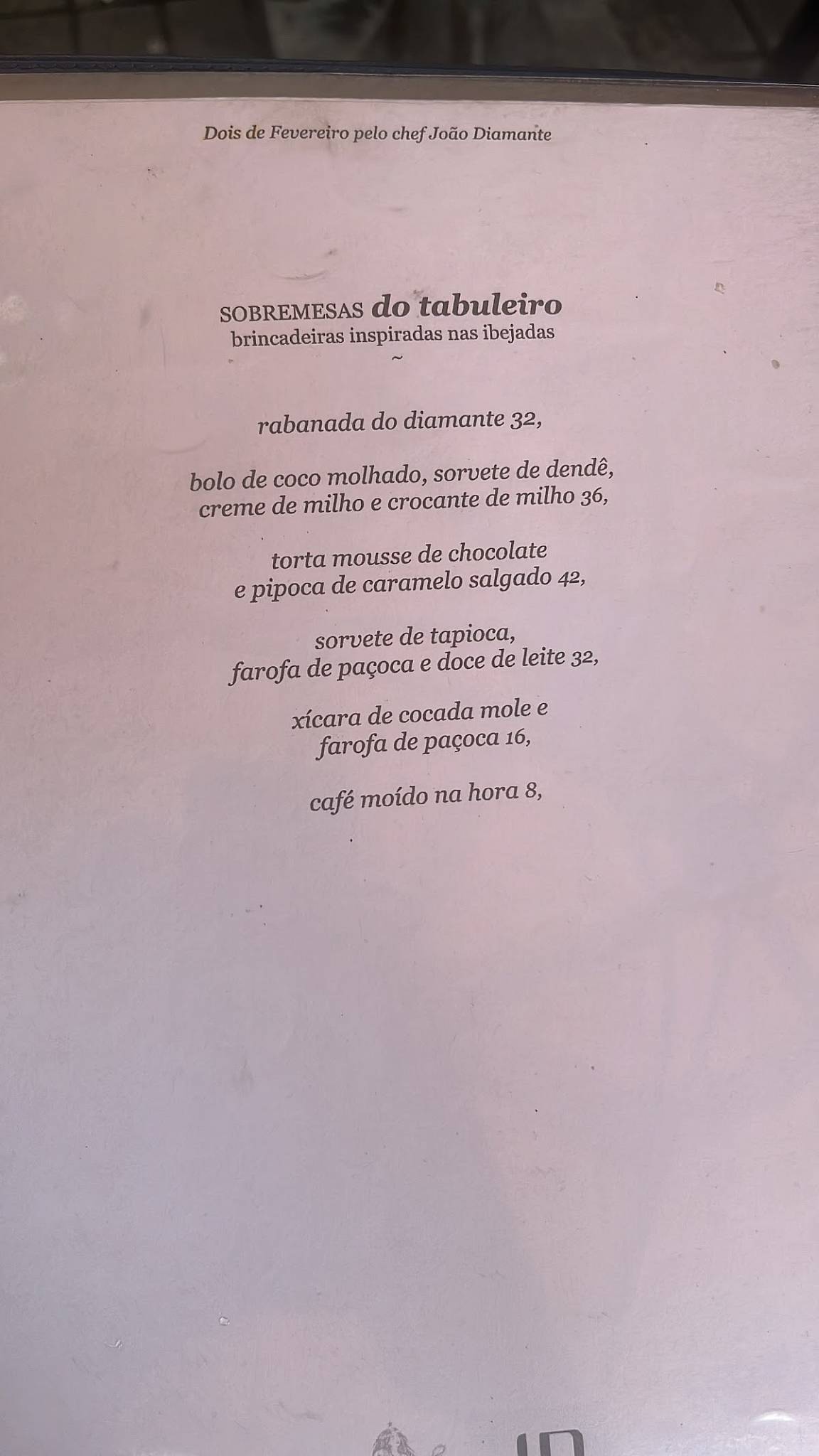 Dois de Fevereiro cardápio