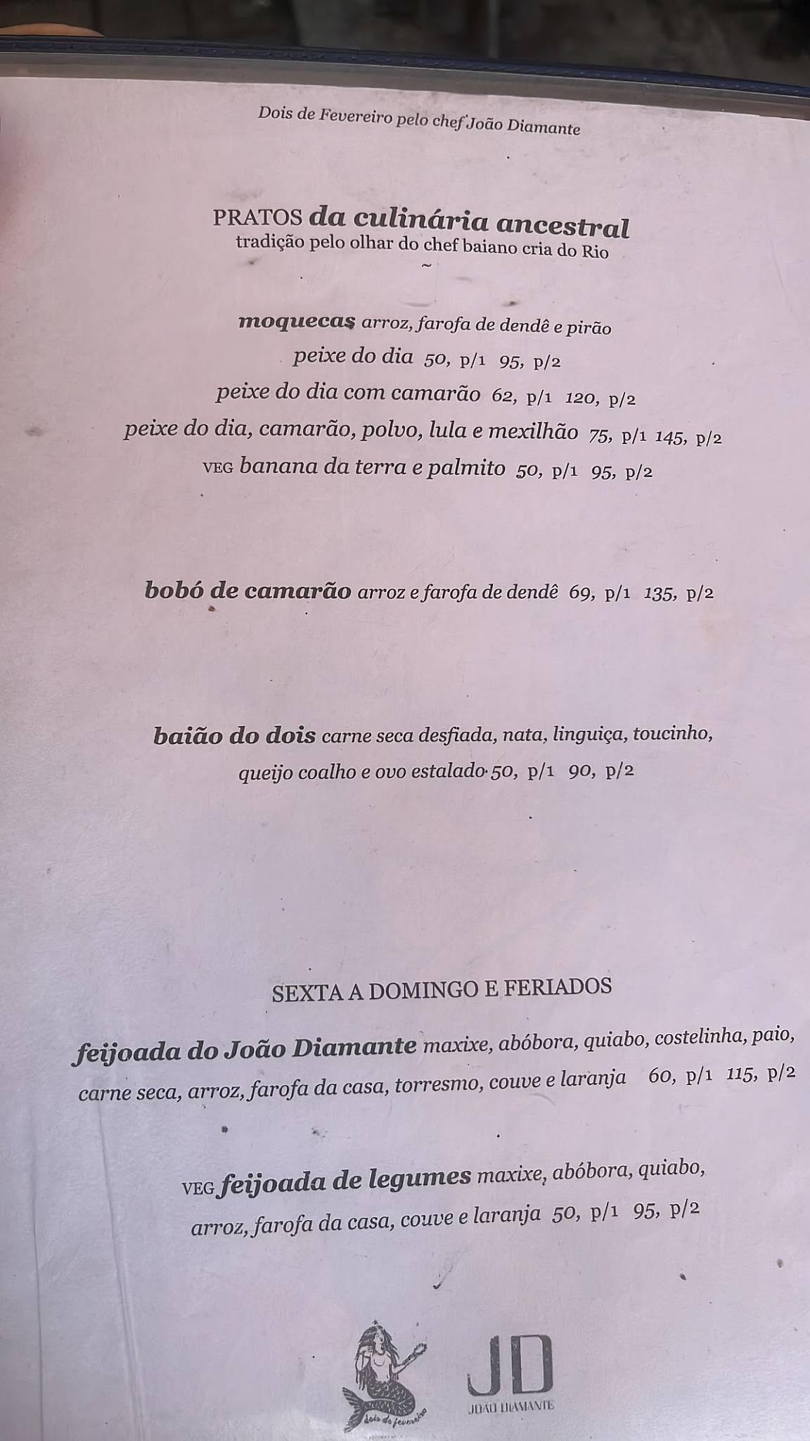 Dois de Fevereiro cardápio