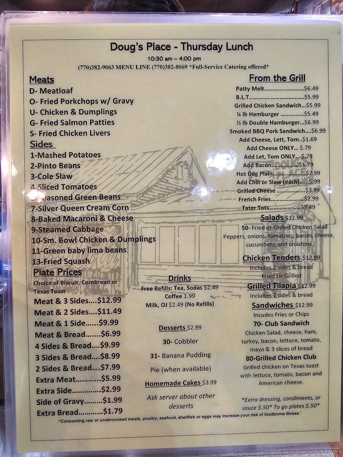 Menu at Doug's Place restaurant, Emerson, 696 GA293