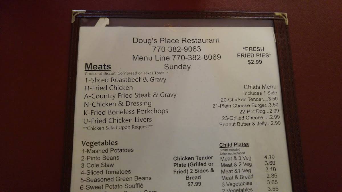 Menu at Doug's Place restaurant, Emerson, 696 GA293
