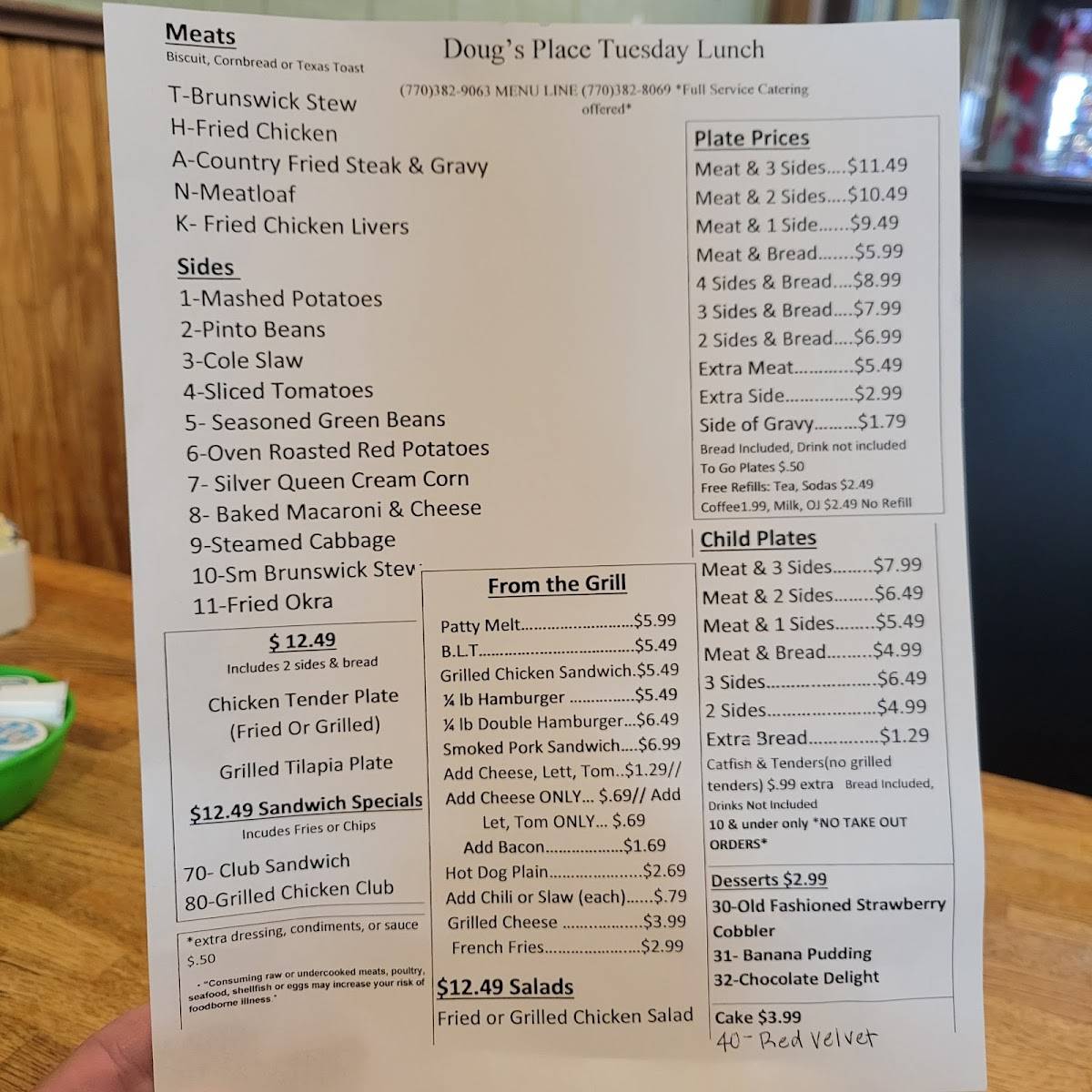 Menu at Doug's Place restaurant, Emerson, 696 GA293
