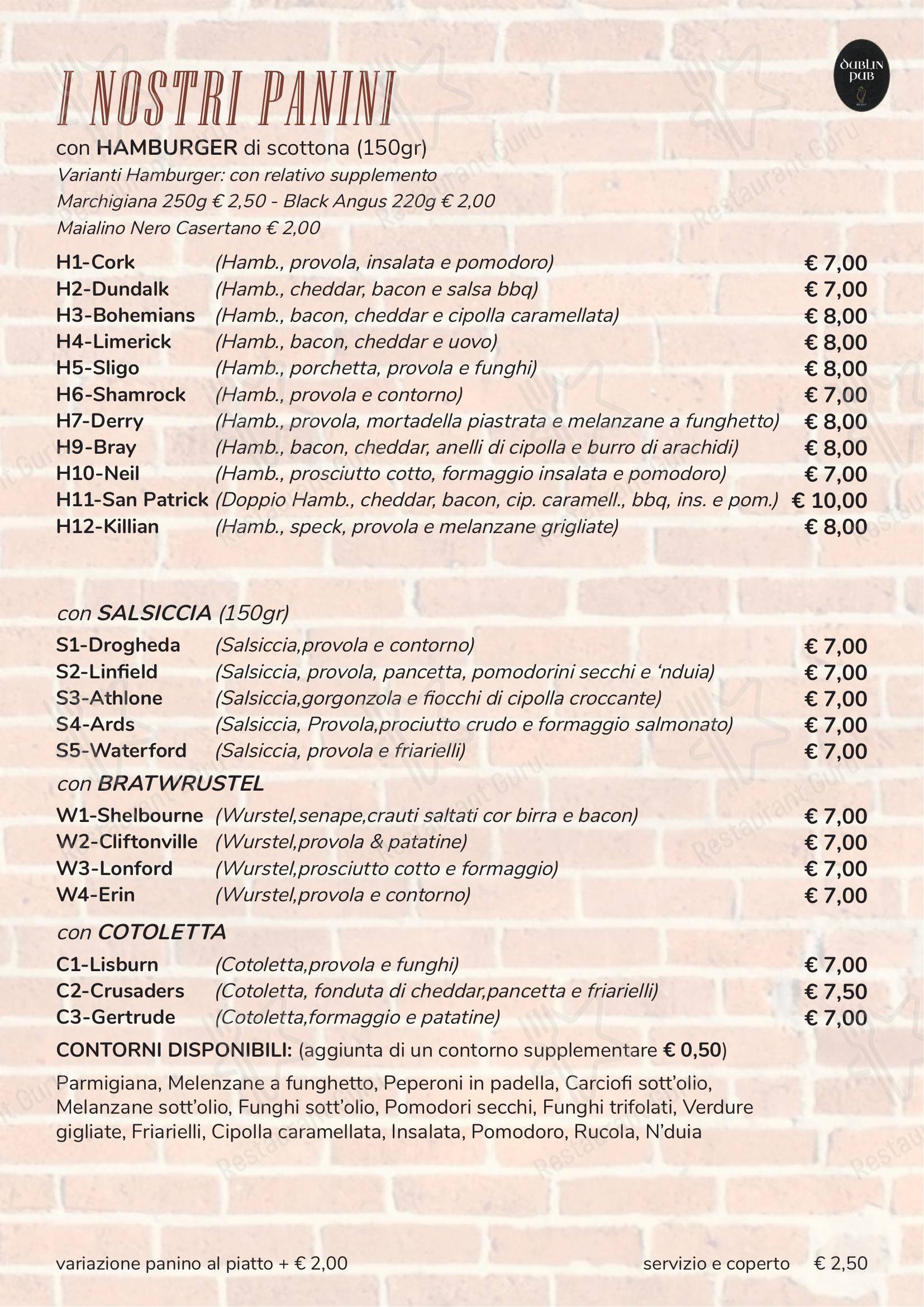 Menu per Dublin Pub ristorante