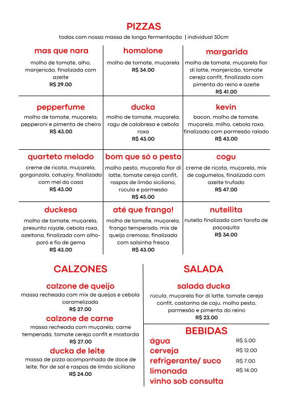 Ducka Pizza cardápio