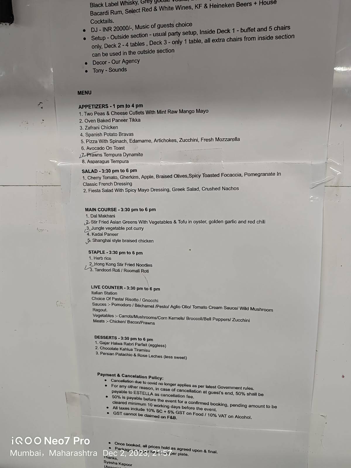 ESTELLA menu
