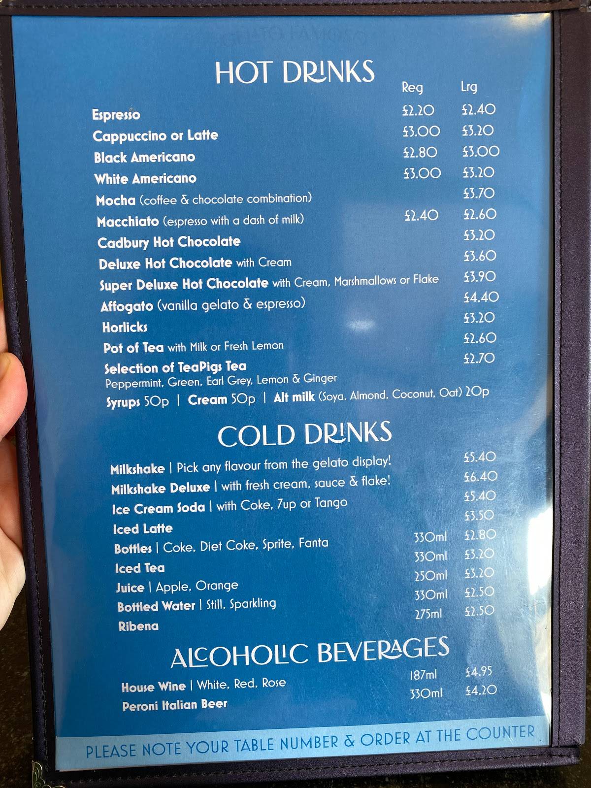 Menu at Gelato Famoso Ice Cream Parlour cafe, Eastbourne