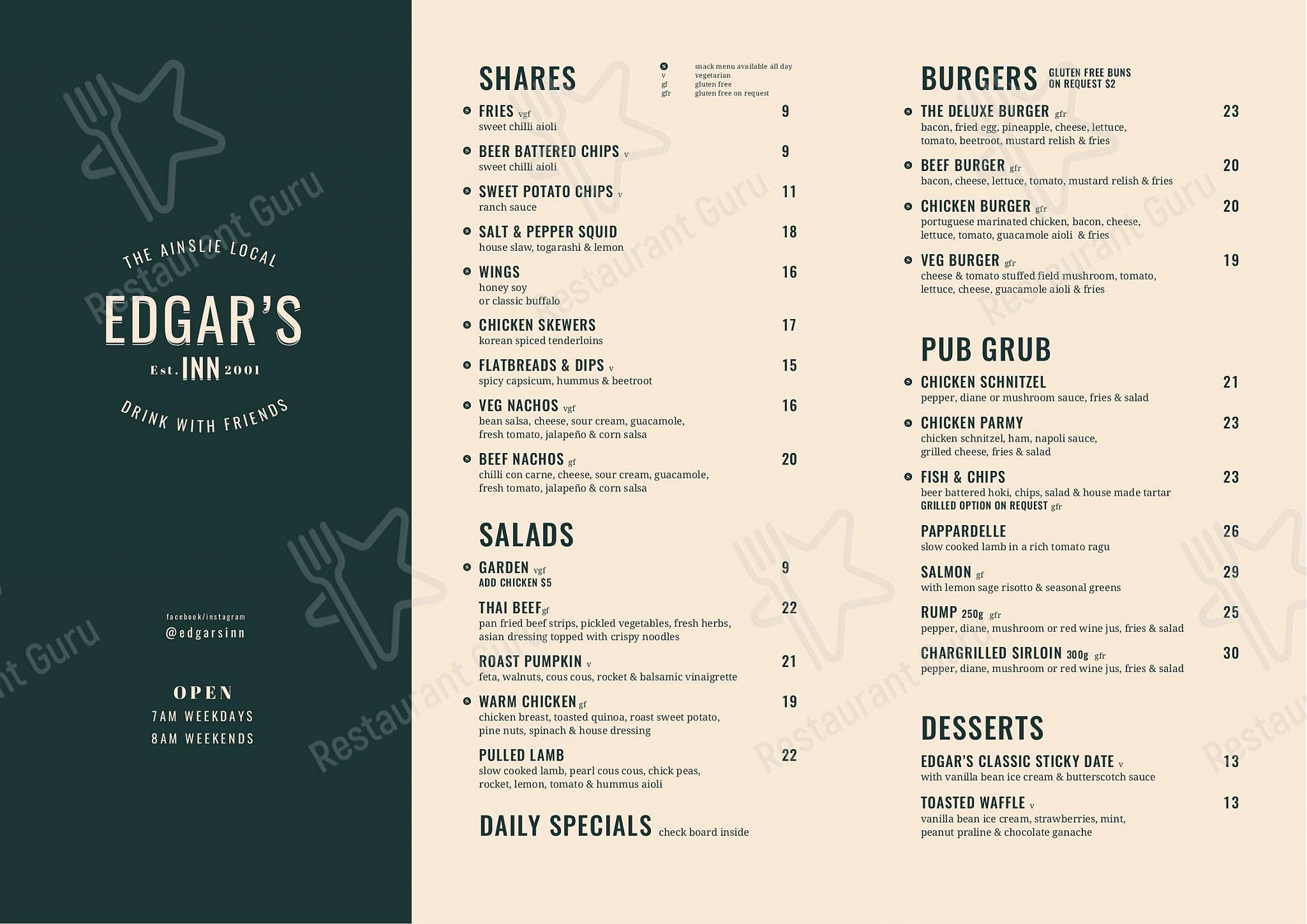 Menu at Edgar's pub & bar, Ainslie