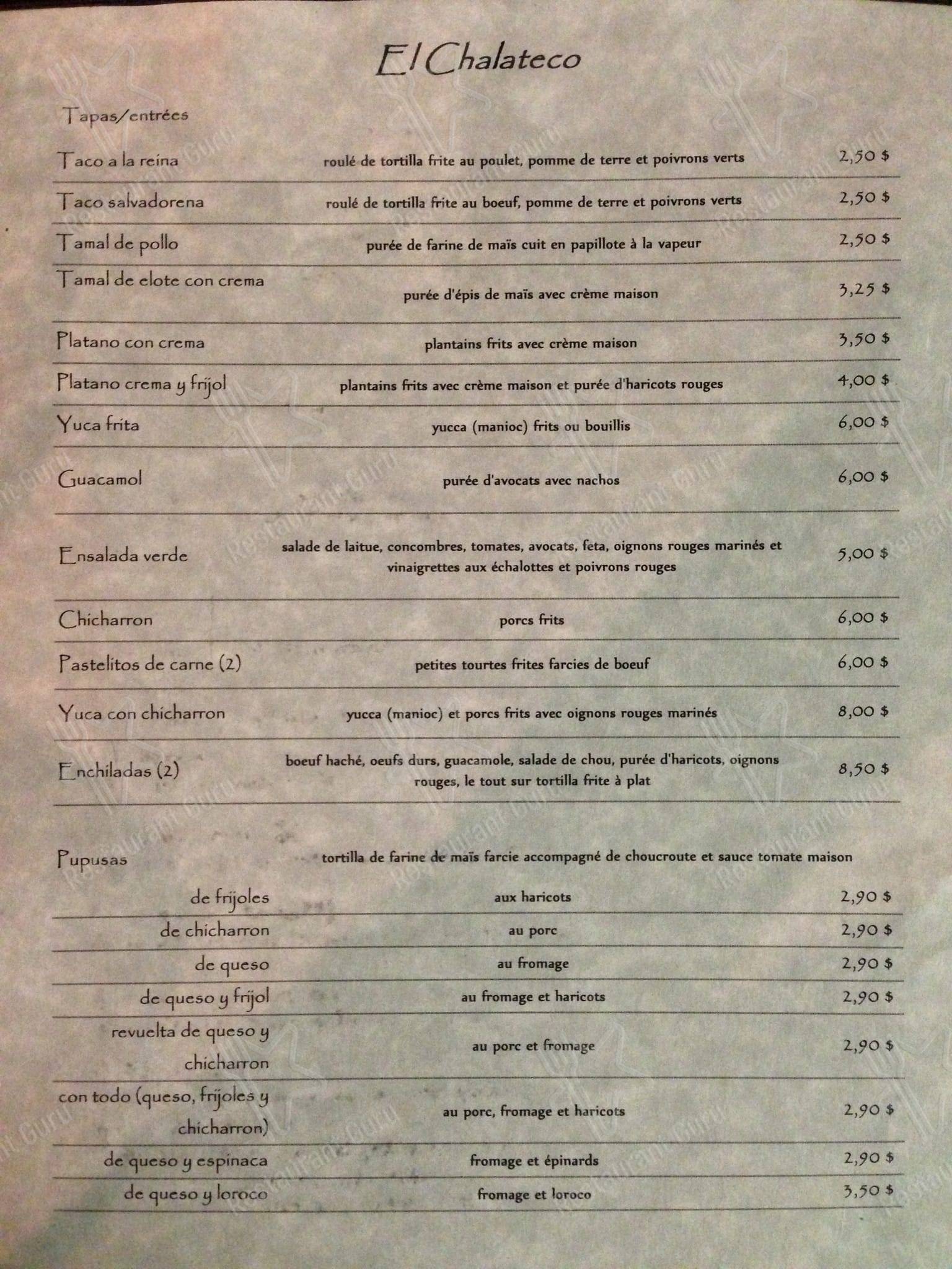 Menu de Restaurant El Chalateco