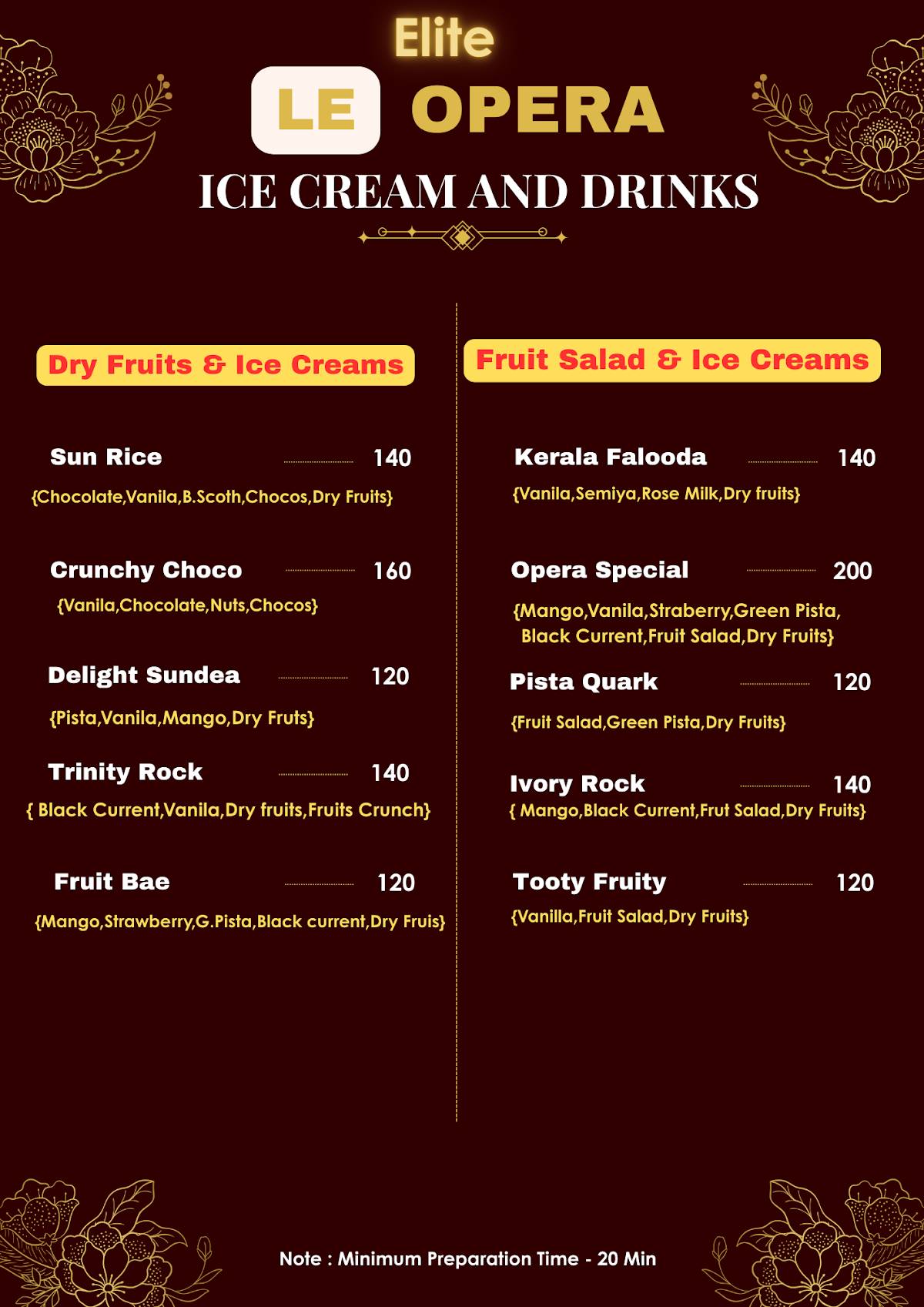 Elite Le Opera Multi Cuisine Restaurant menu