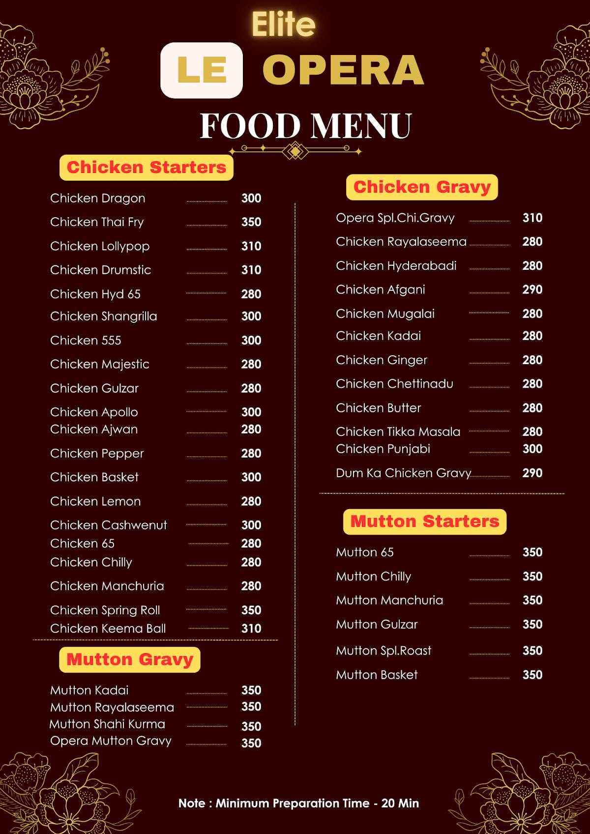 Elite Le Opera Multi Cuisine Restaurant menu