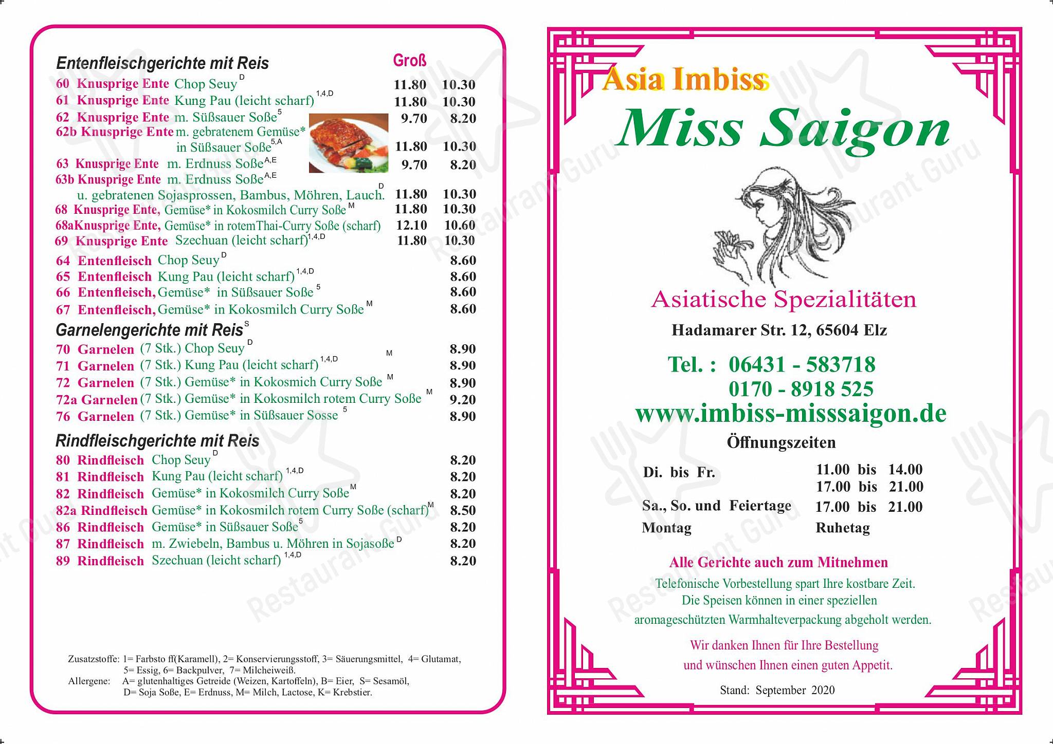 Speisekarte von Imbiss Miss Saigon restaurant, Elz