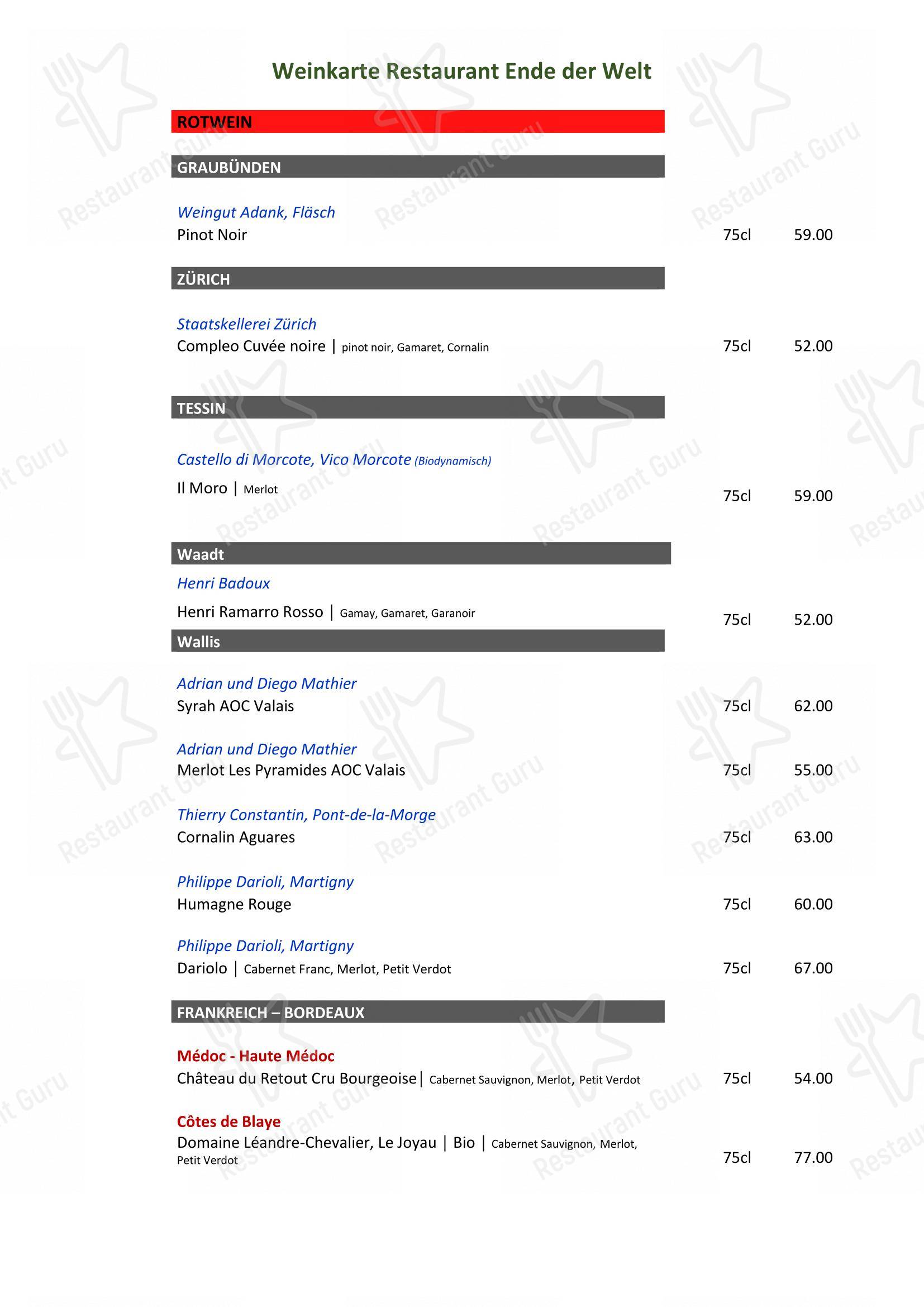 Restaurant Ende der Welt in Engelberg - Takeaway Menu