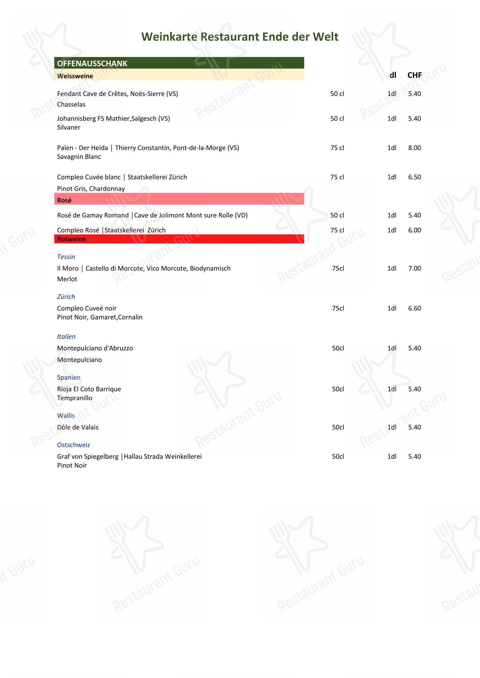 Lunch Menu per Restaurant Ende der Welt ristorante