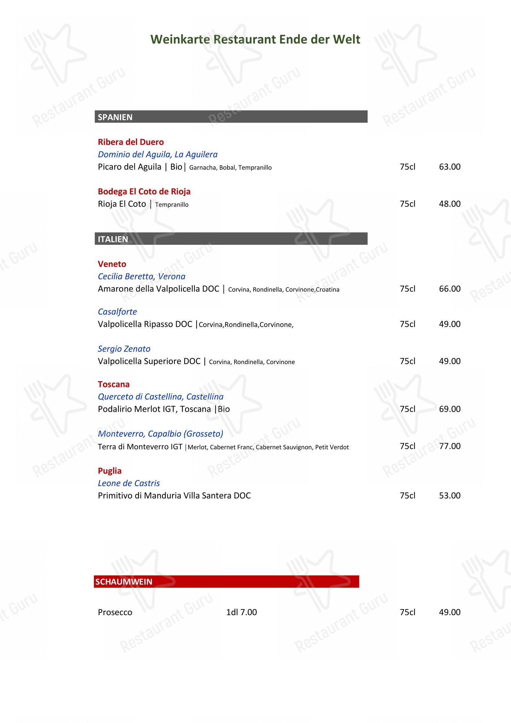 Restaurant Ende der Welt in Engelberg - Takeaway Menu
