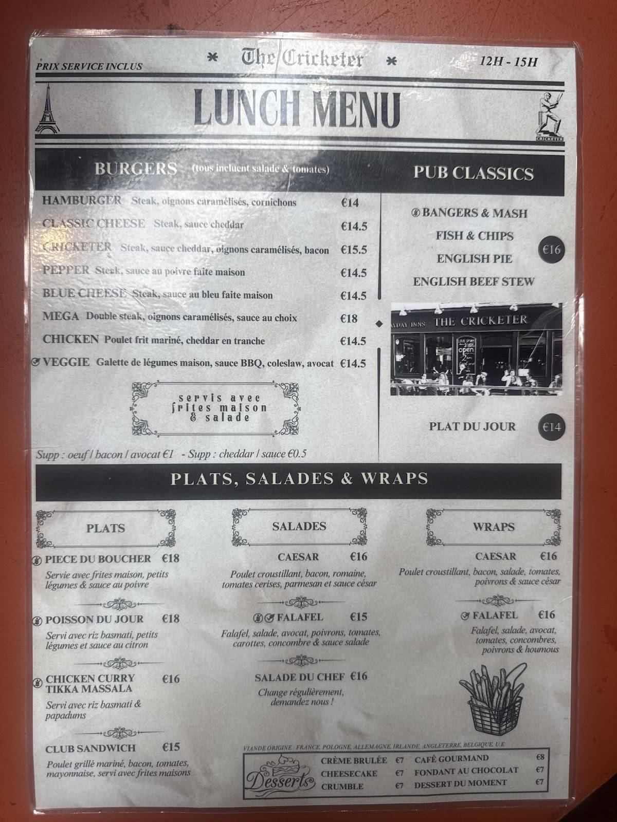 Menu de The Cricketer