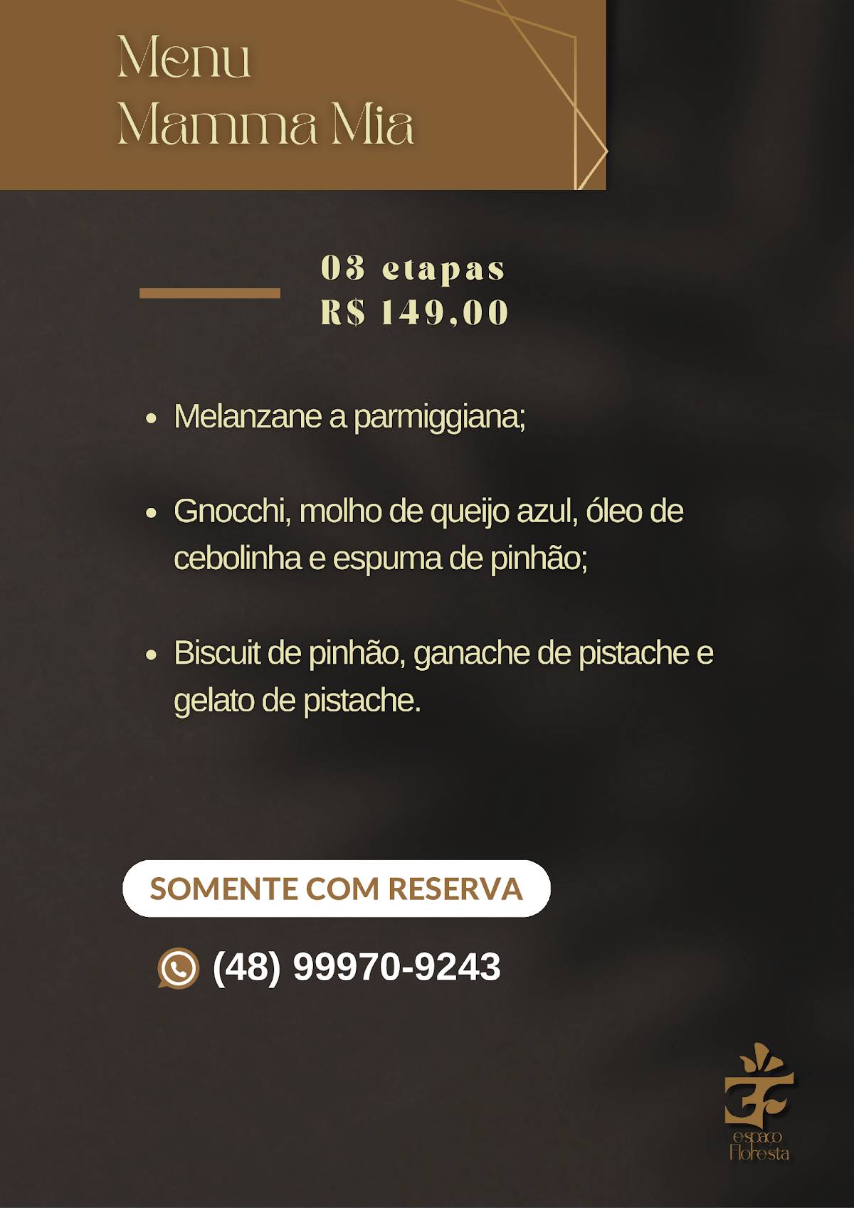 Espaço Floresta cardápio