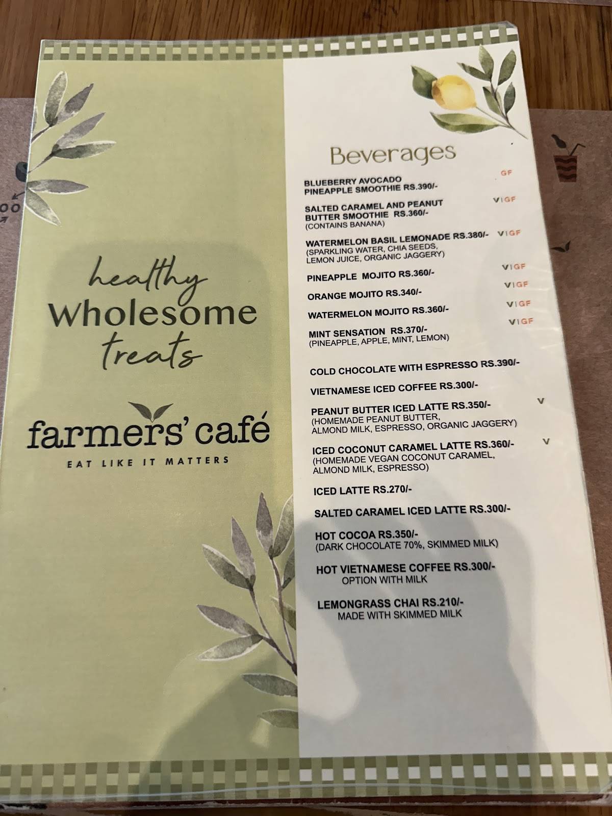 Farmers' Cafe menu