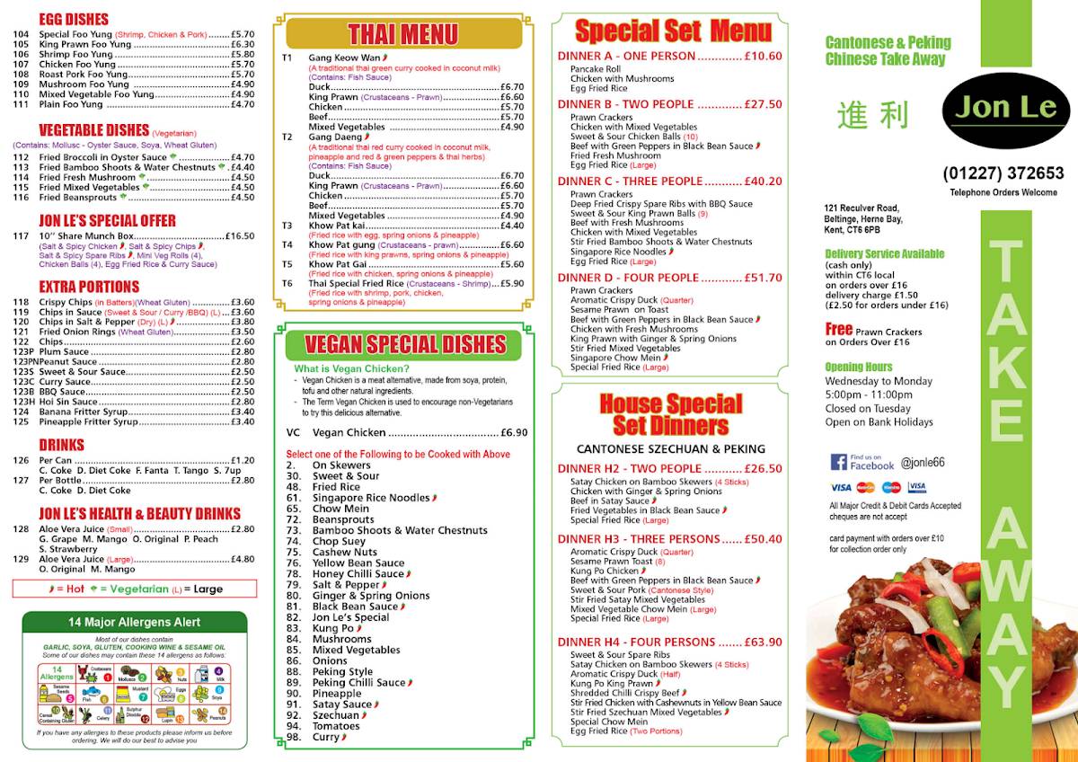 Menu at Jon Le Chinese Takeaway fast food, Herne Bay