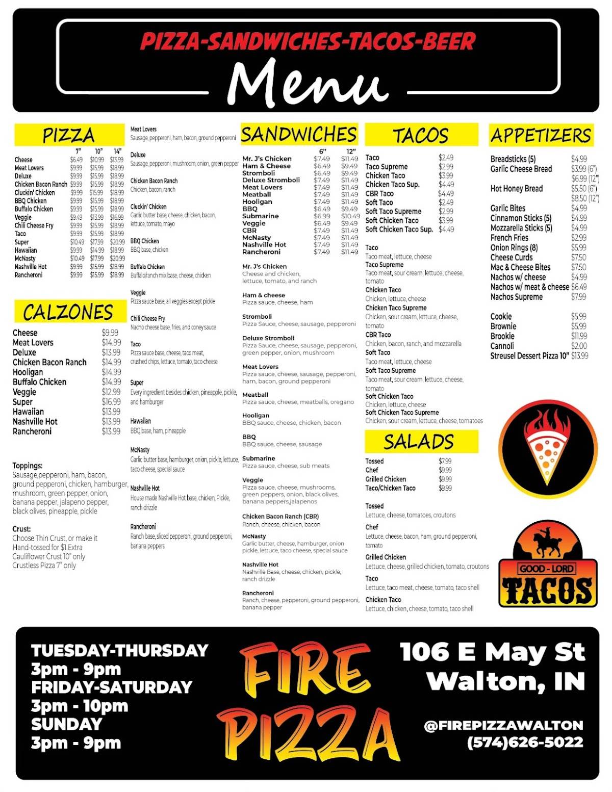 Menu at Fire Pizza restaurant, Walton