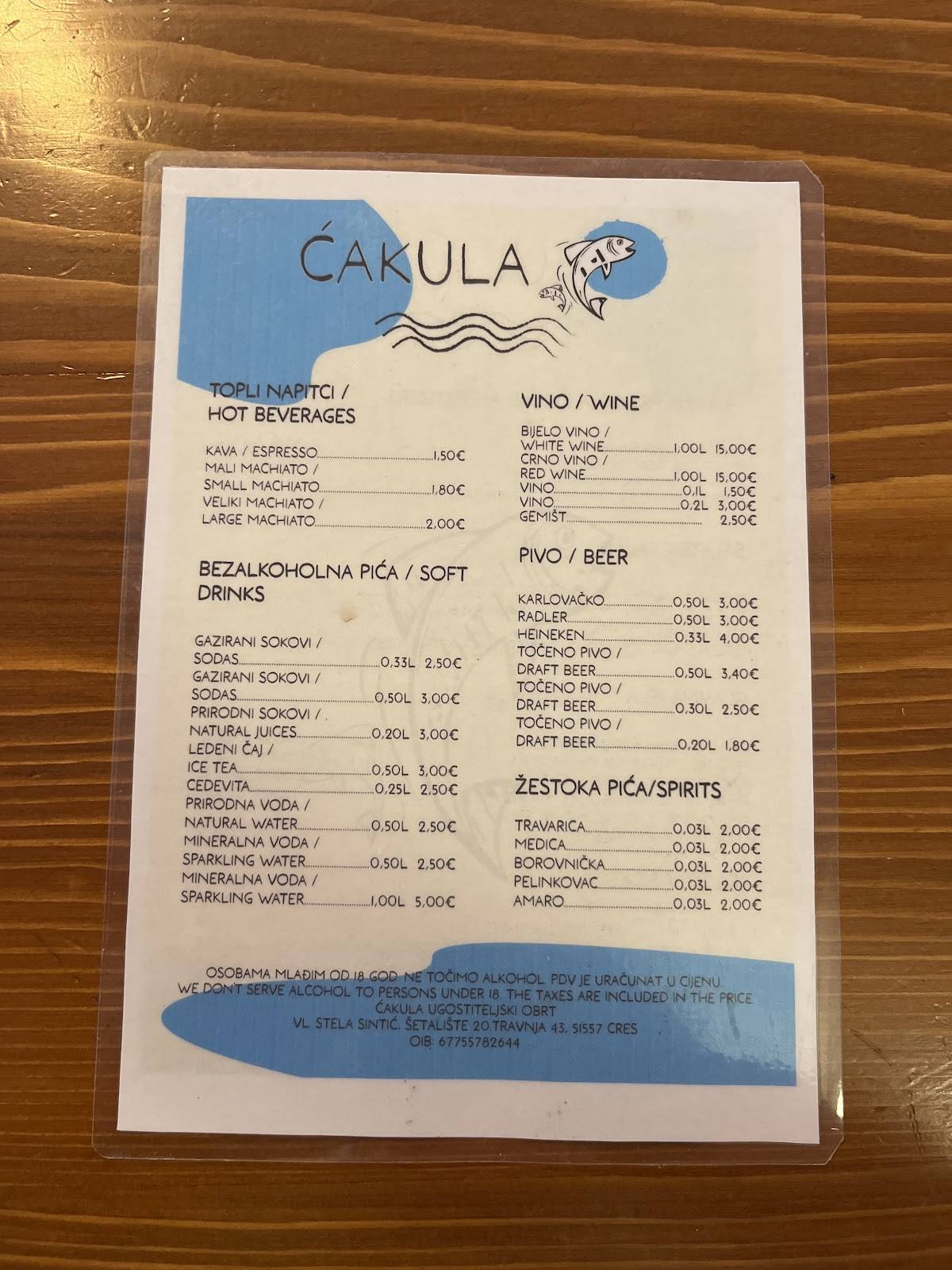Menu di Fish bar Ćakula 