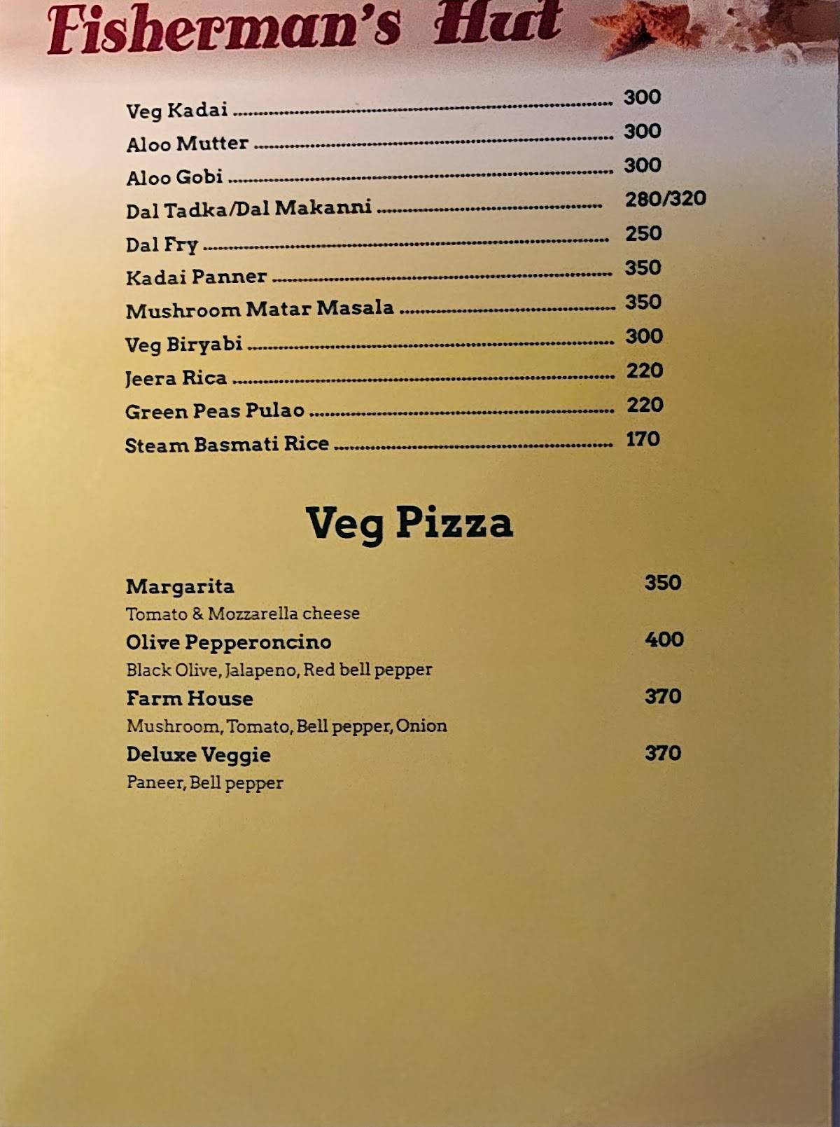 Fisherman's Beach Shack Restaurant Candolim Goa menu