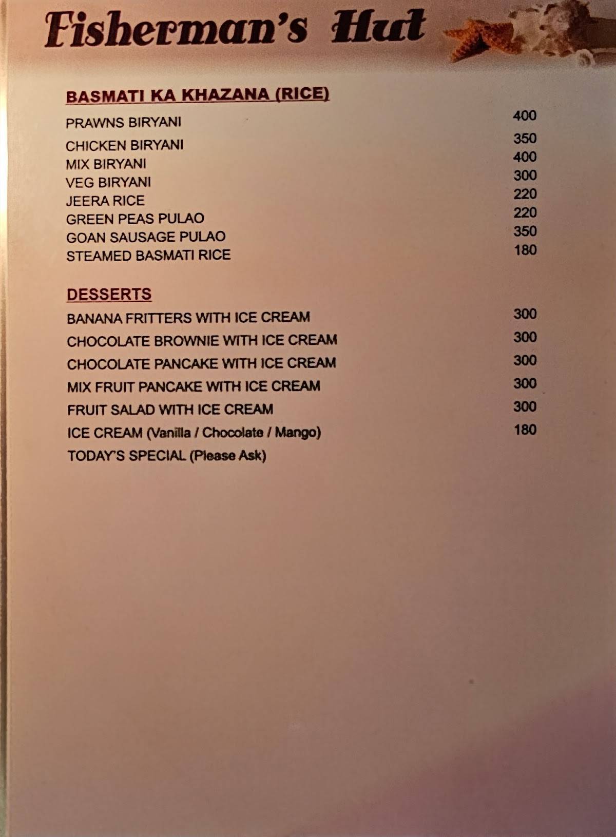 Fisherman's Beach Shack Restaurant Candolim Goa menu