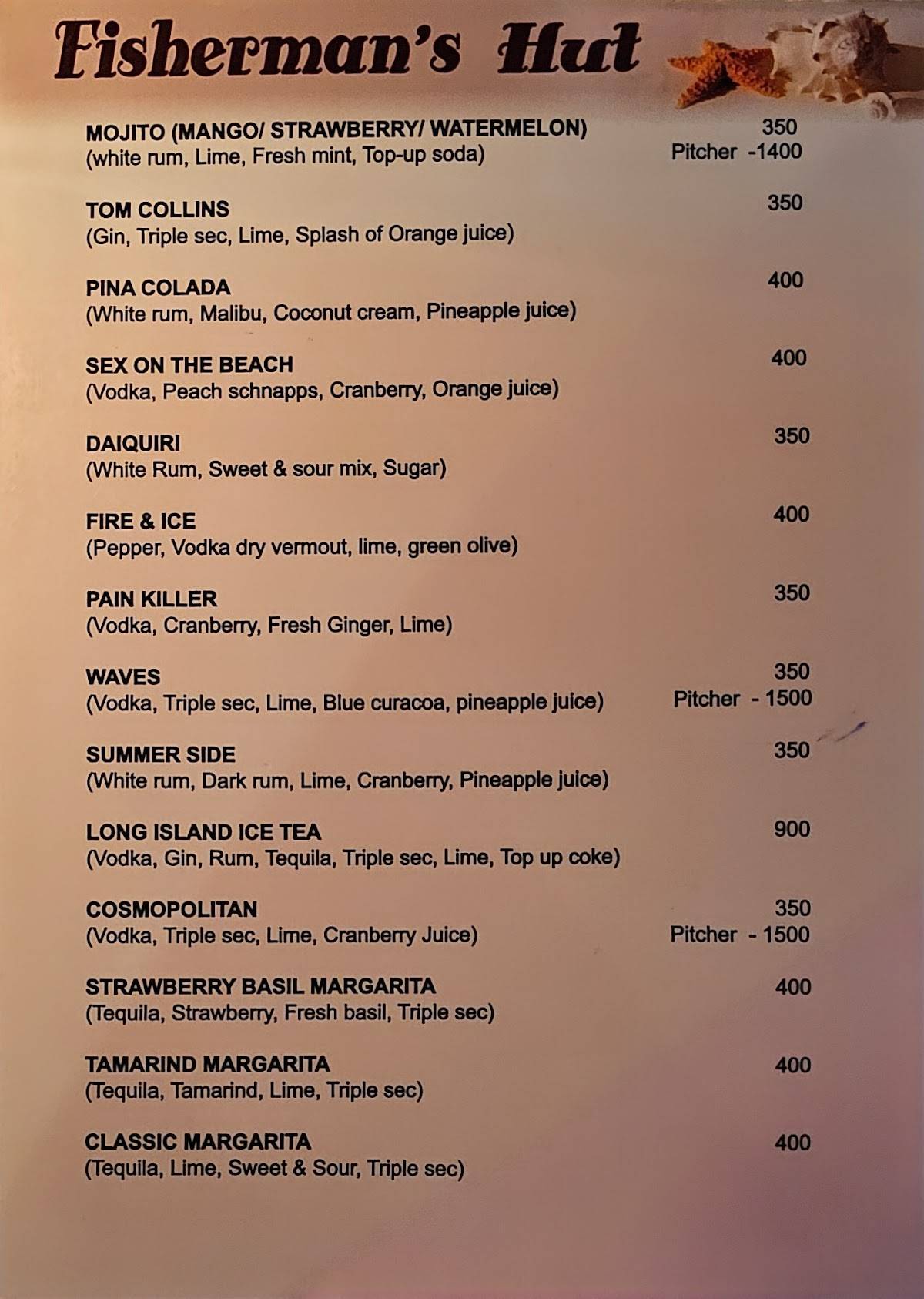 Fisherman's Beach Shack Restaurant Candolim Goa menu