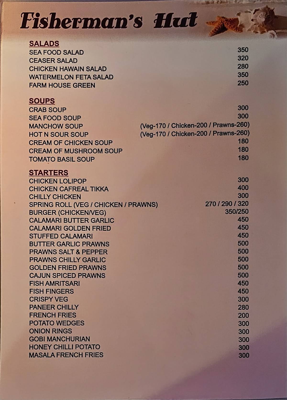 Fisherman's Beach Shack Restaurant Candolim Goa menu