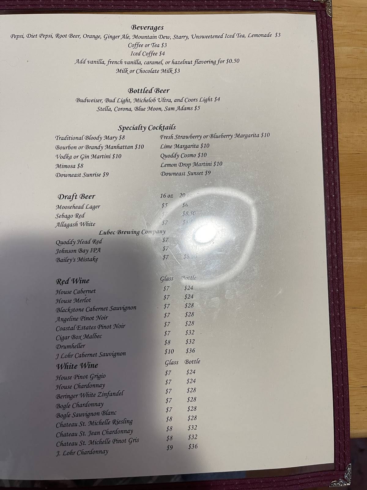 Menu at Fisherman's Wharf Restaurant, Lubec