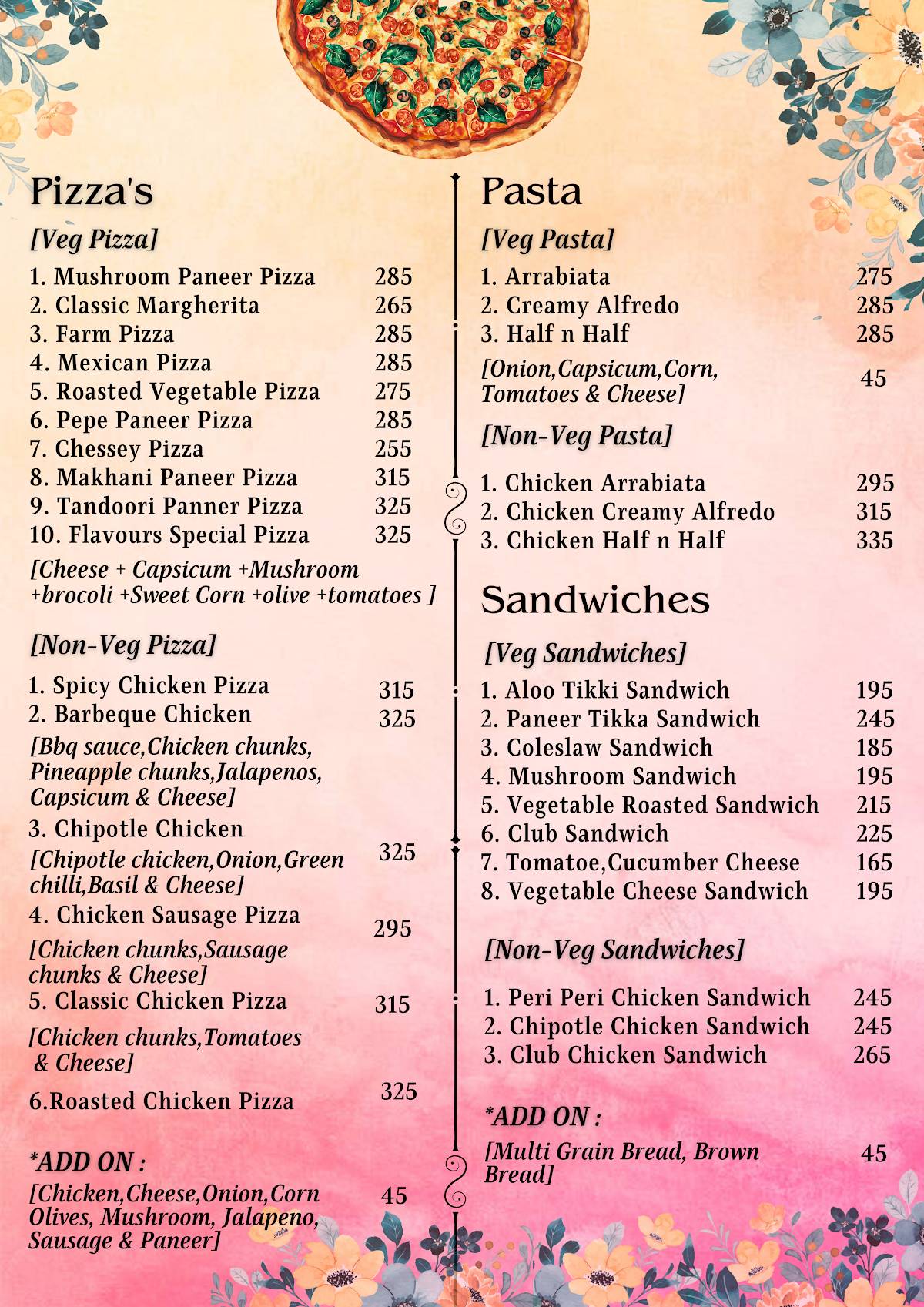 Flavours Cafe & Bakery menu