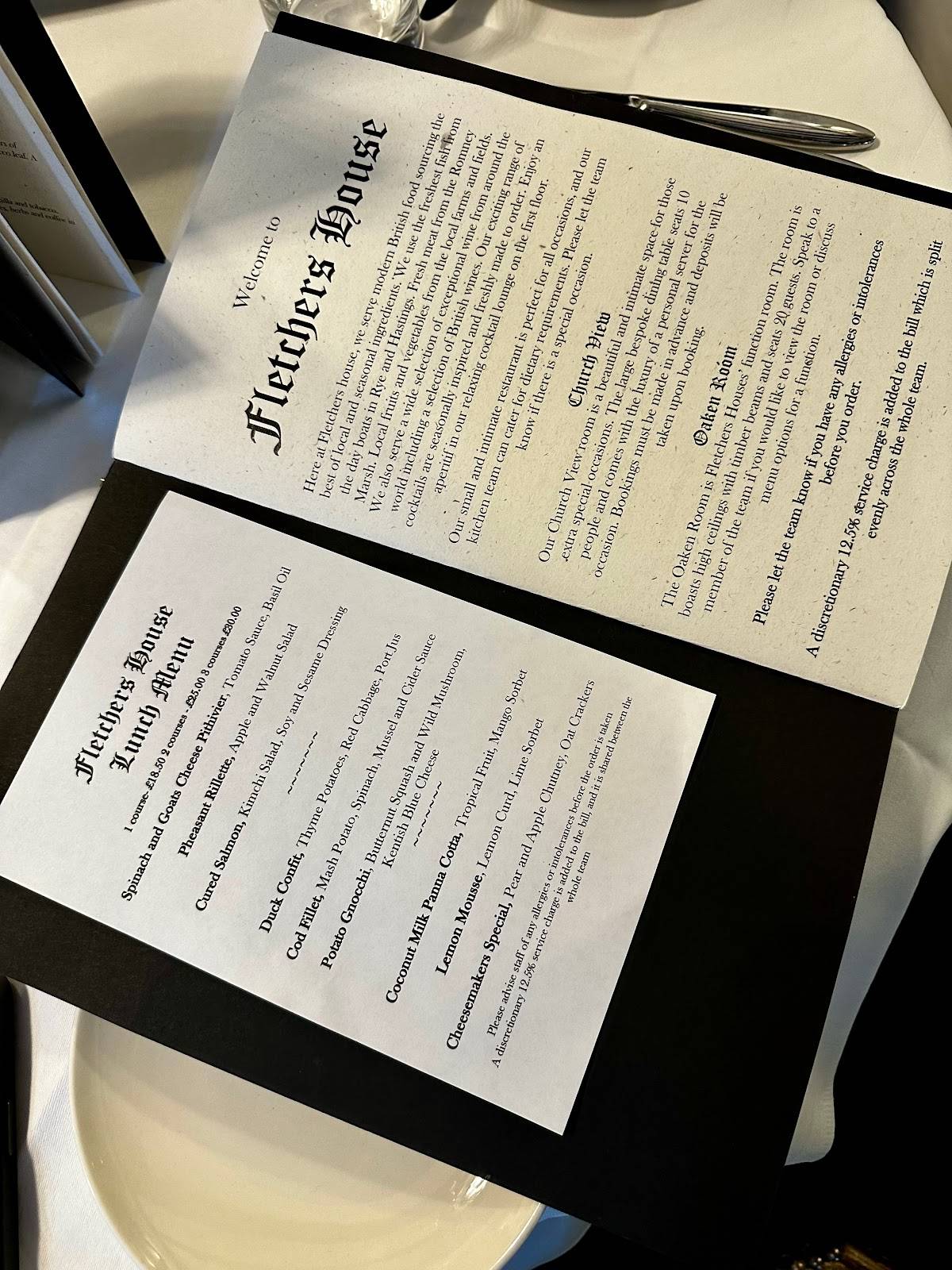 Menu at Fletchers House cafe, Rye