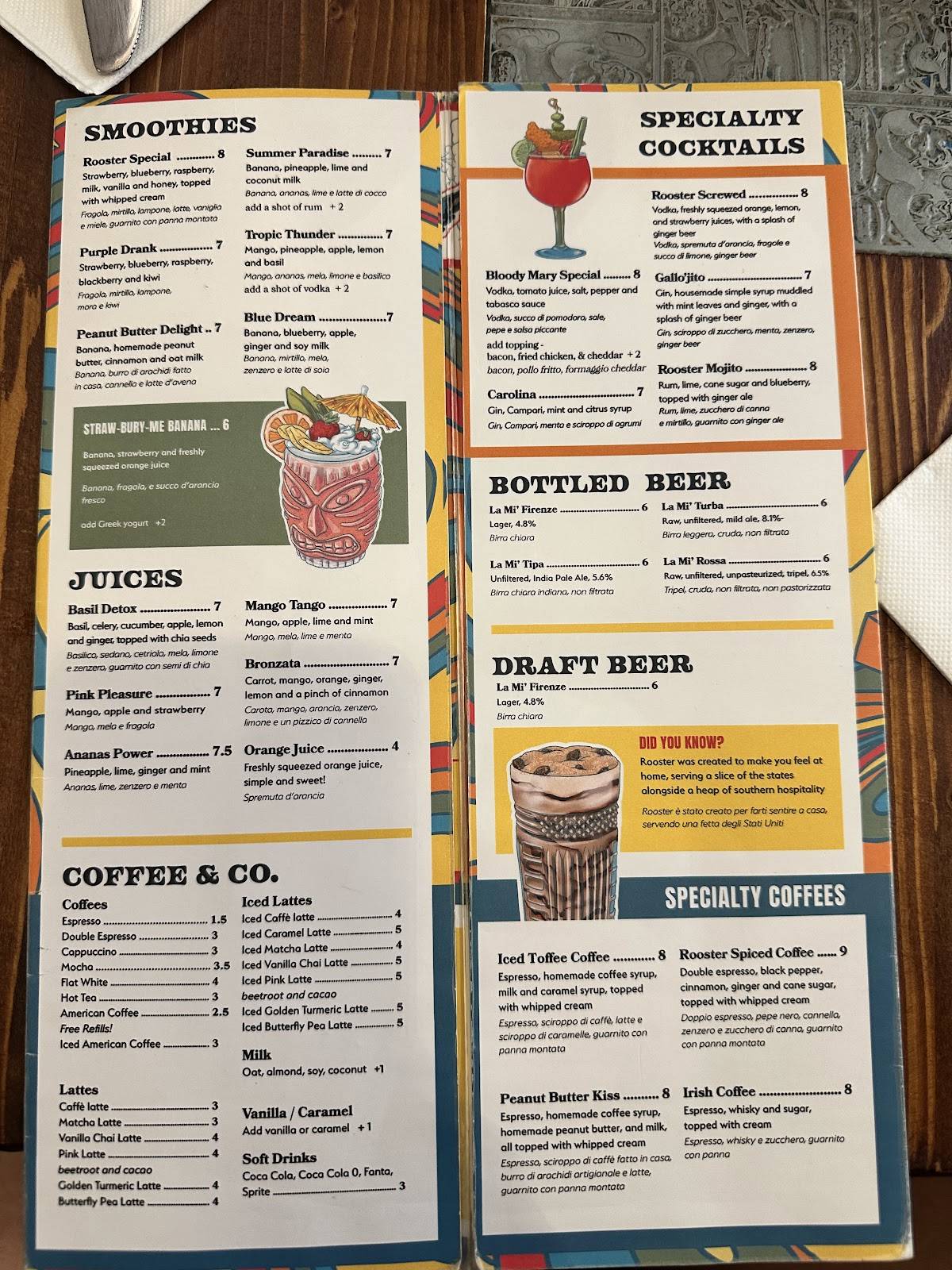 Menu di Rooster Cafe Firenze - Sant'Egidio 