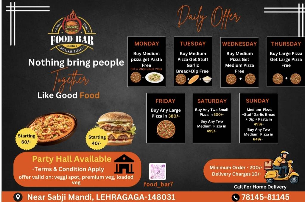 Food Bar - Fast food Shop Burger Sandwich Pasta Pizza Spring Role Mocktail Shake Coffee Garlic Bread menu