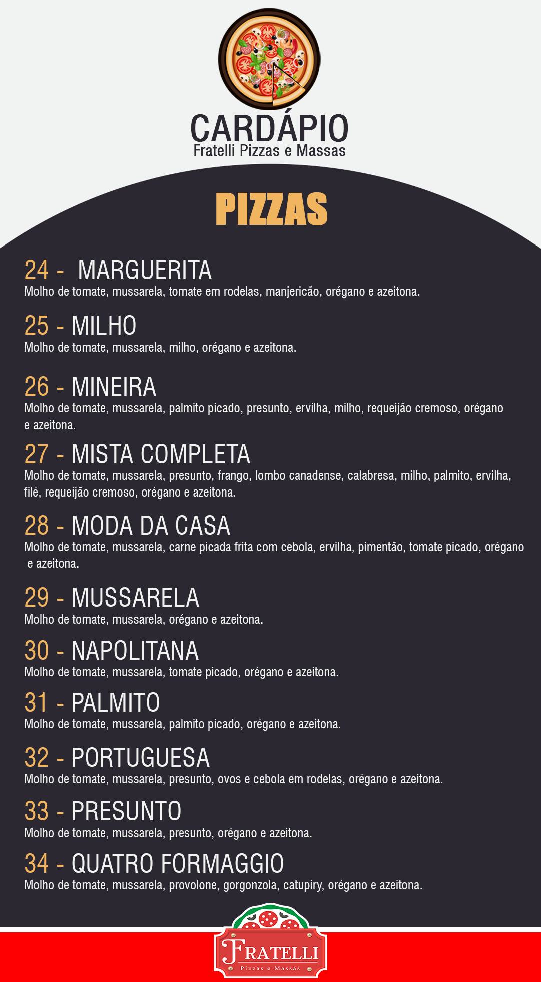 Fratelli Pizzas e Massas cardápio