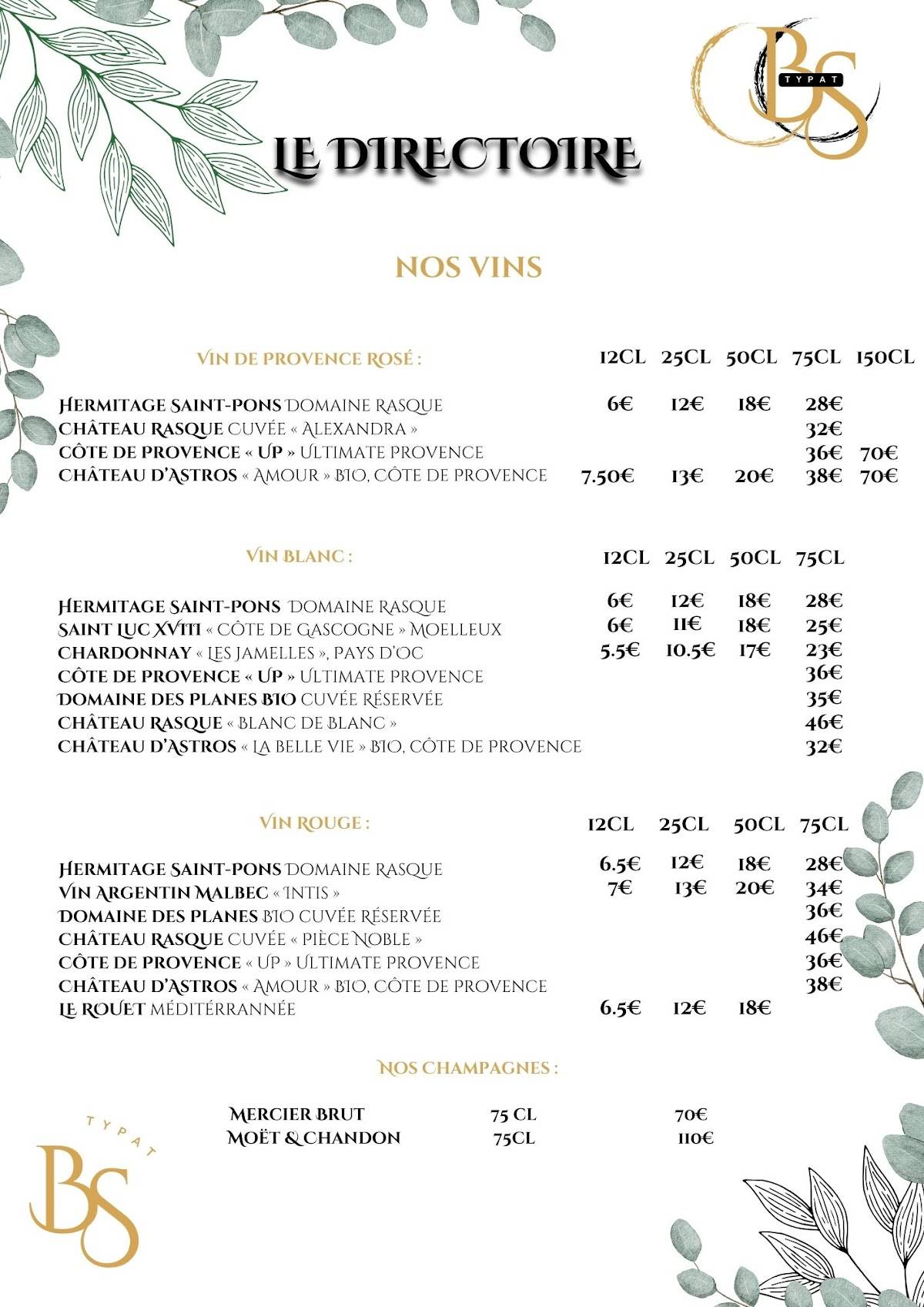 Menu de Le Directoire